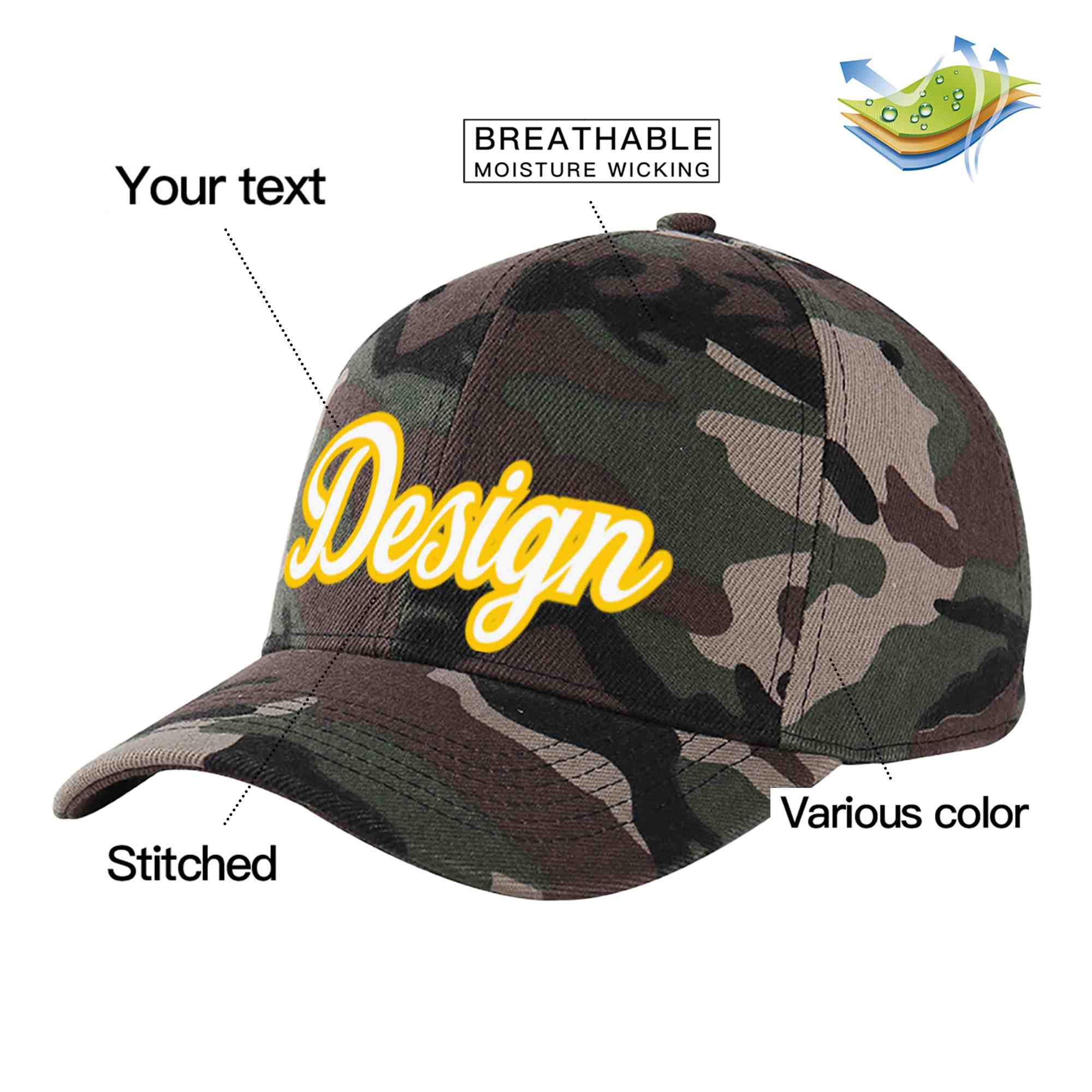 Casquette de baseball personnalisée camouflage blanc-or avec avant-toit incurvé et design sportif