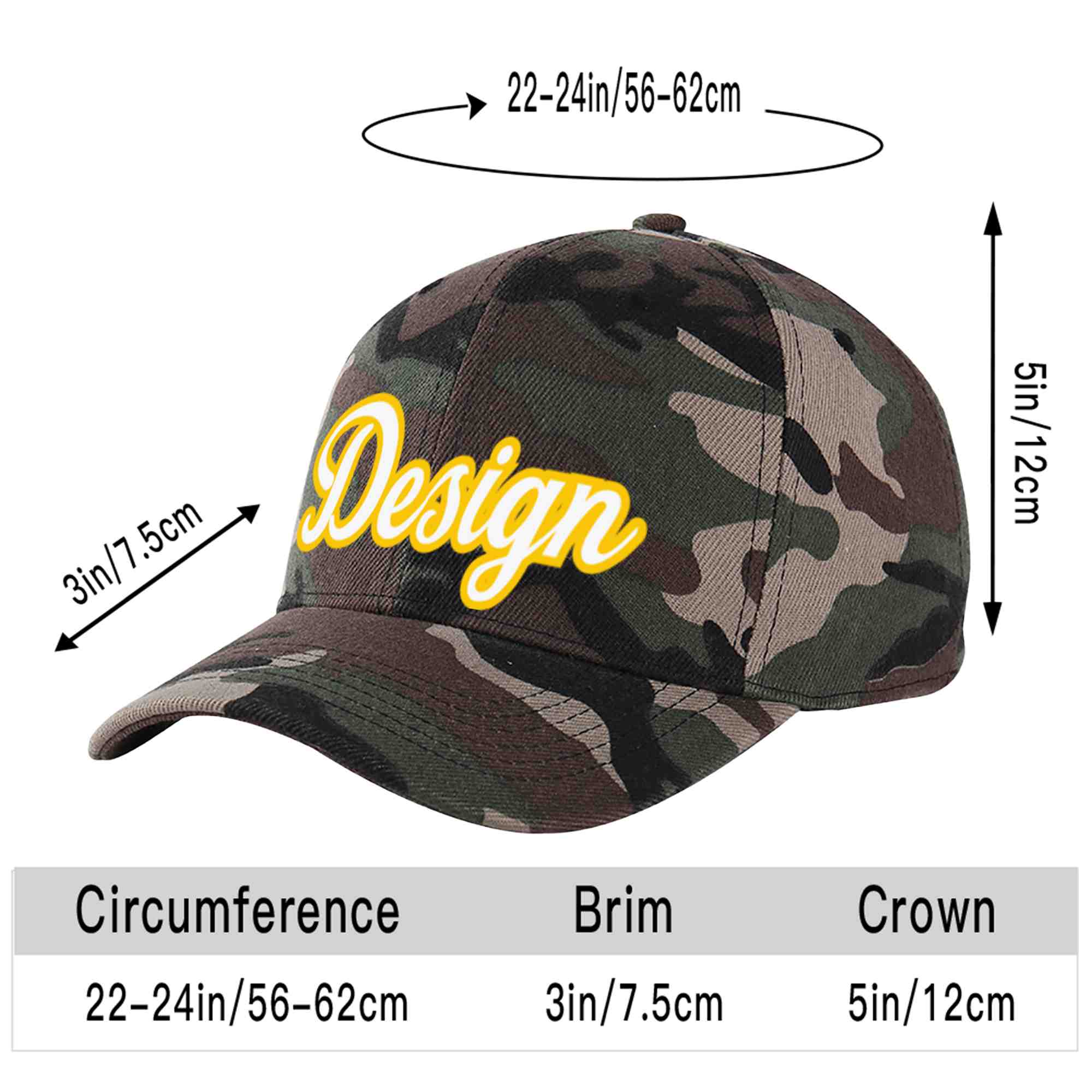 Custom Camo White-Gold Curved Eaves Sport Design Baseball Cap