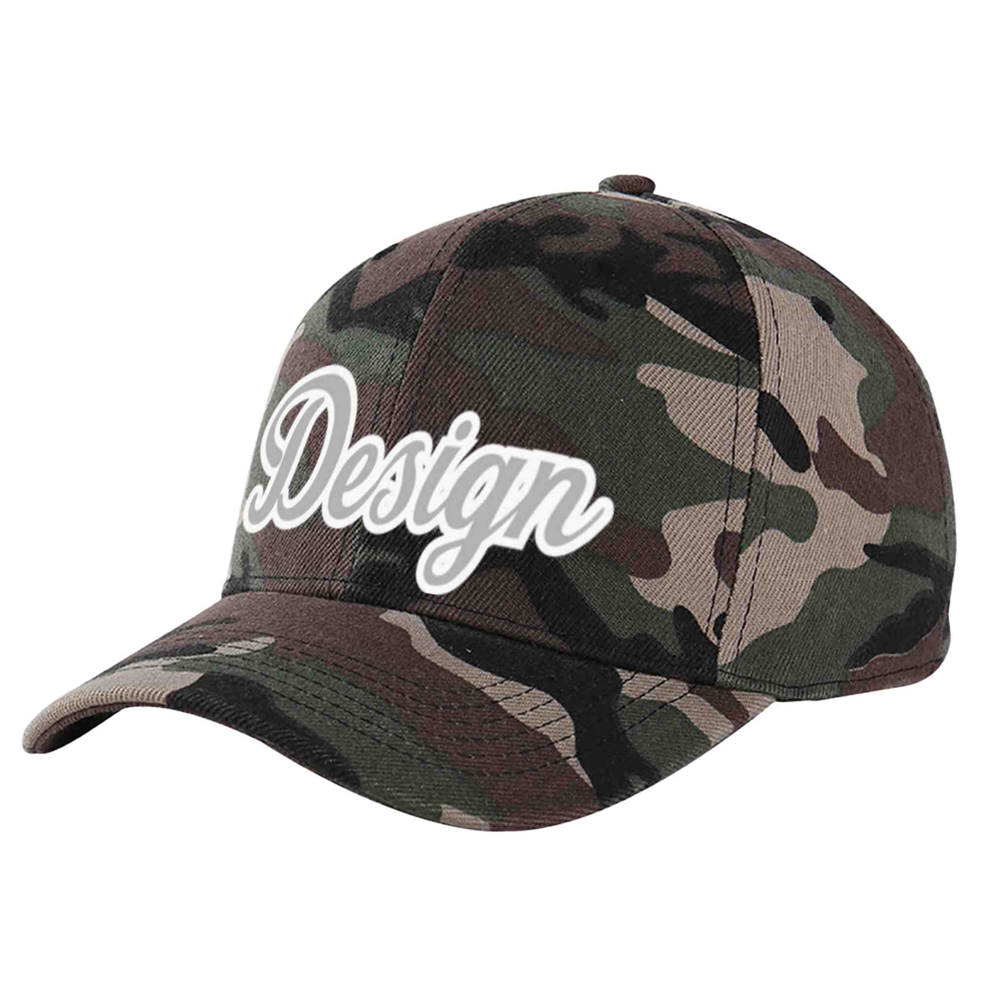 Custom Camo Gray-White Curved Eaves Sport Design Baseball Cap