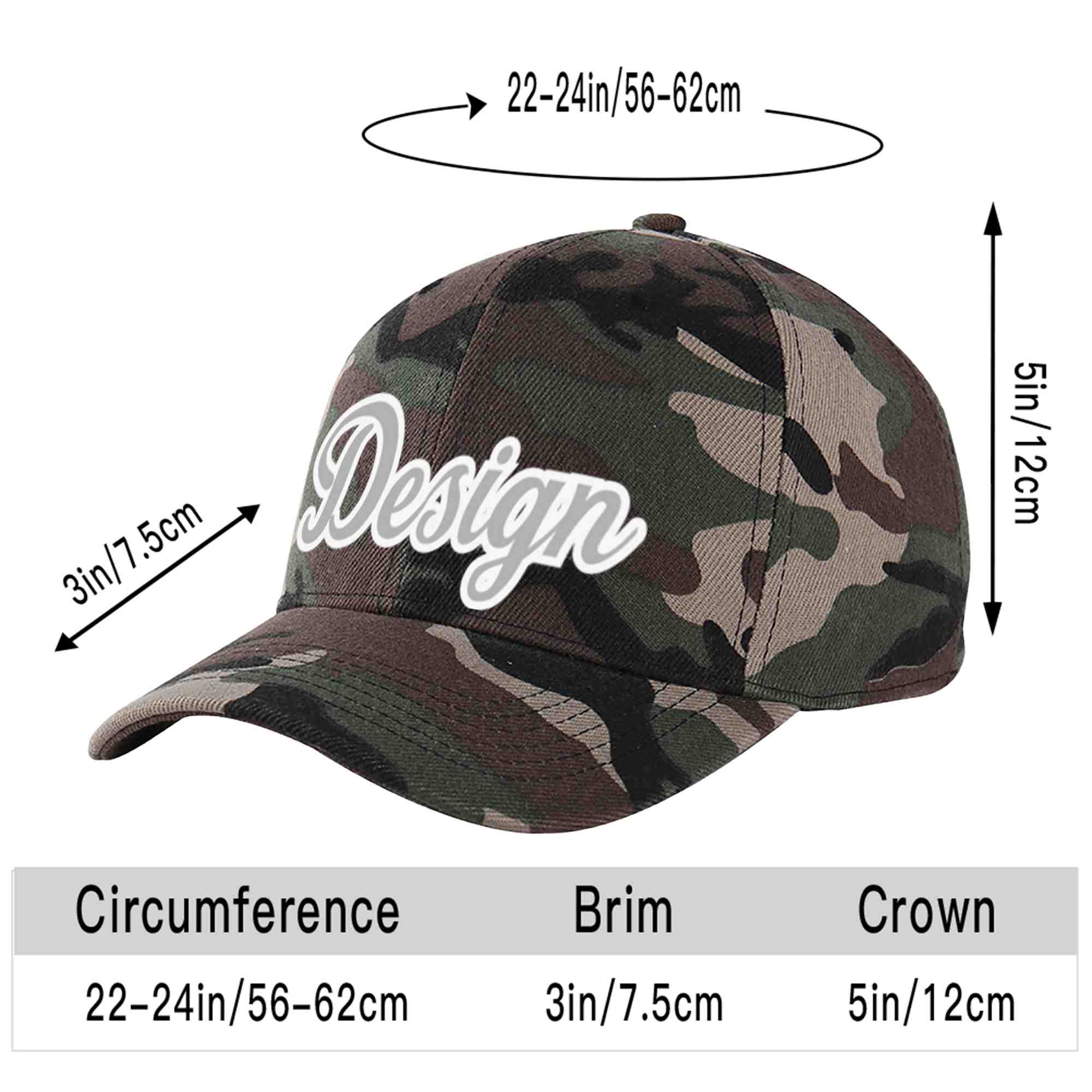 Custom Camo Gray-White Curved Eaves Sport Design Baseball Cap