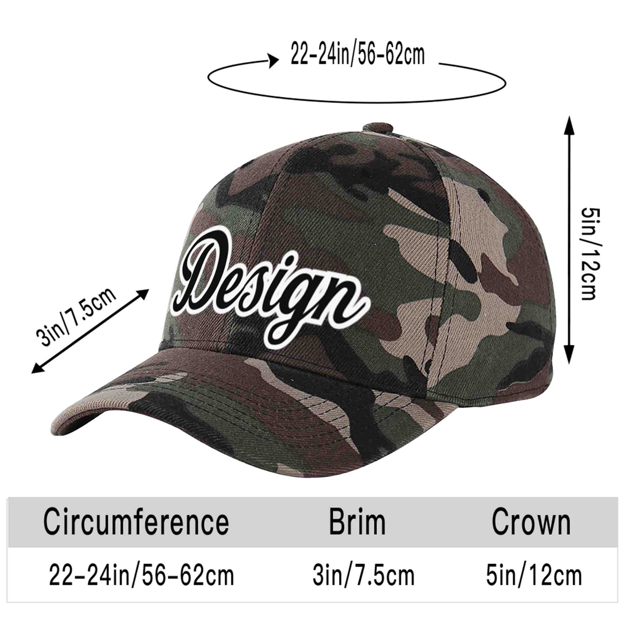 Custom Camo Black-White Curved Eaves Sport Design Baseball Cap