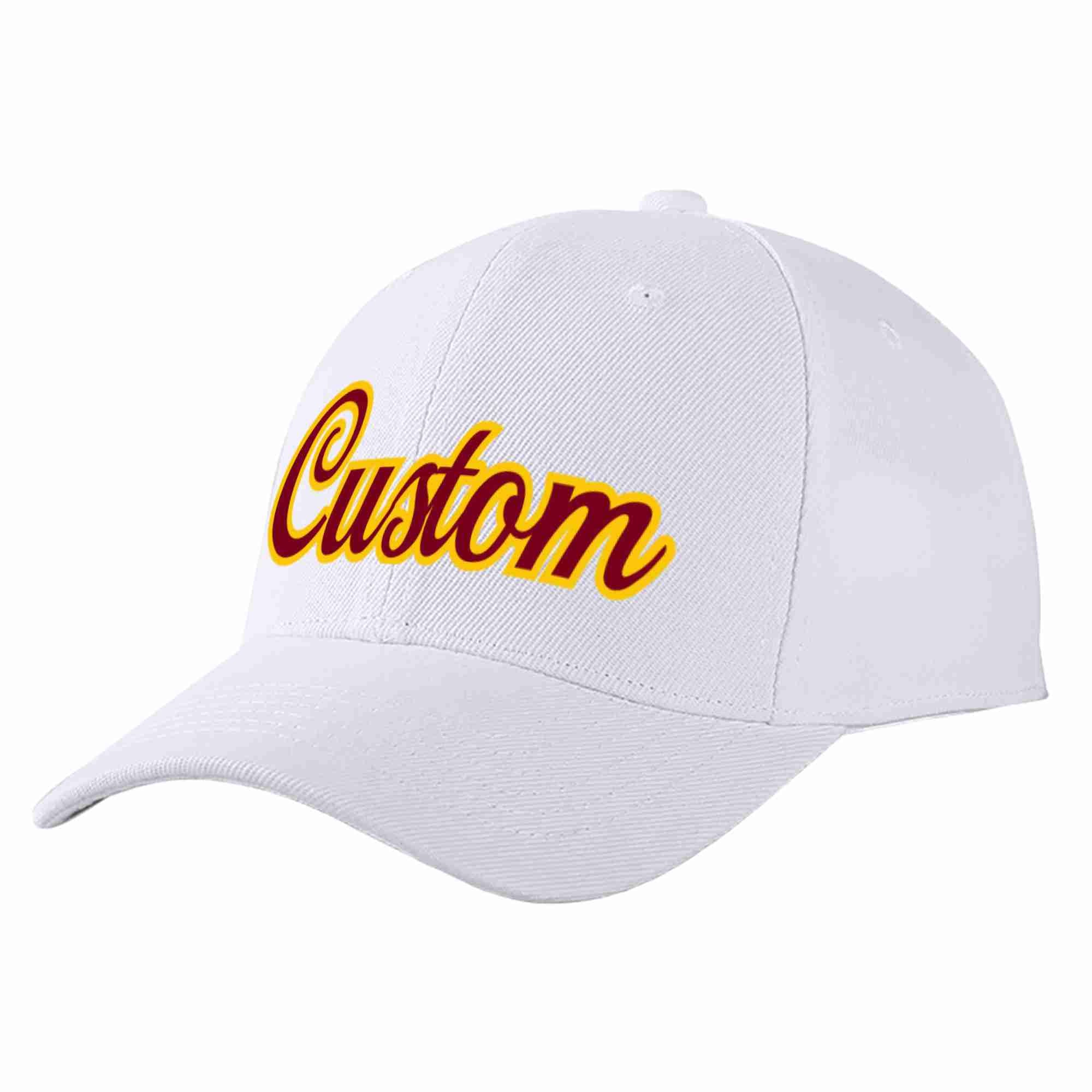 Conception personnalisée de casquette de baseball de sport incurvée blanc cramoisi-jaune pour hommes/femmes/jeunes