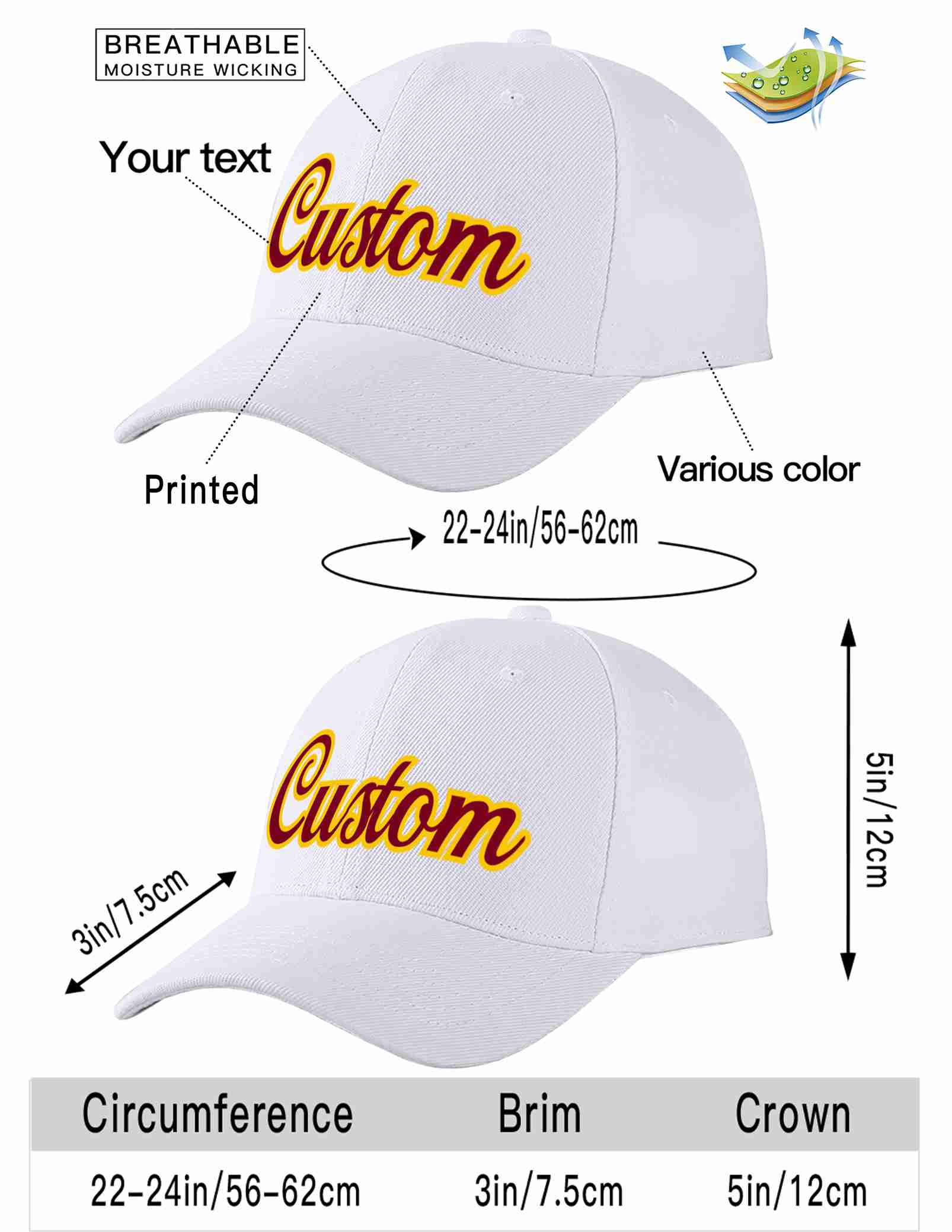 Conception personnalisée de casquette de baseball de sport incurvée blanc cramoisi-jaune pour hommes/femmes/jeunes