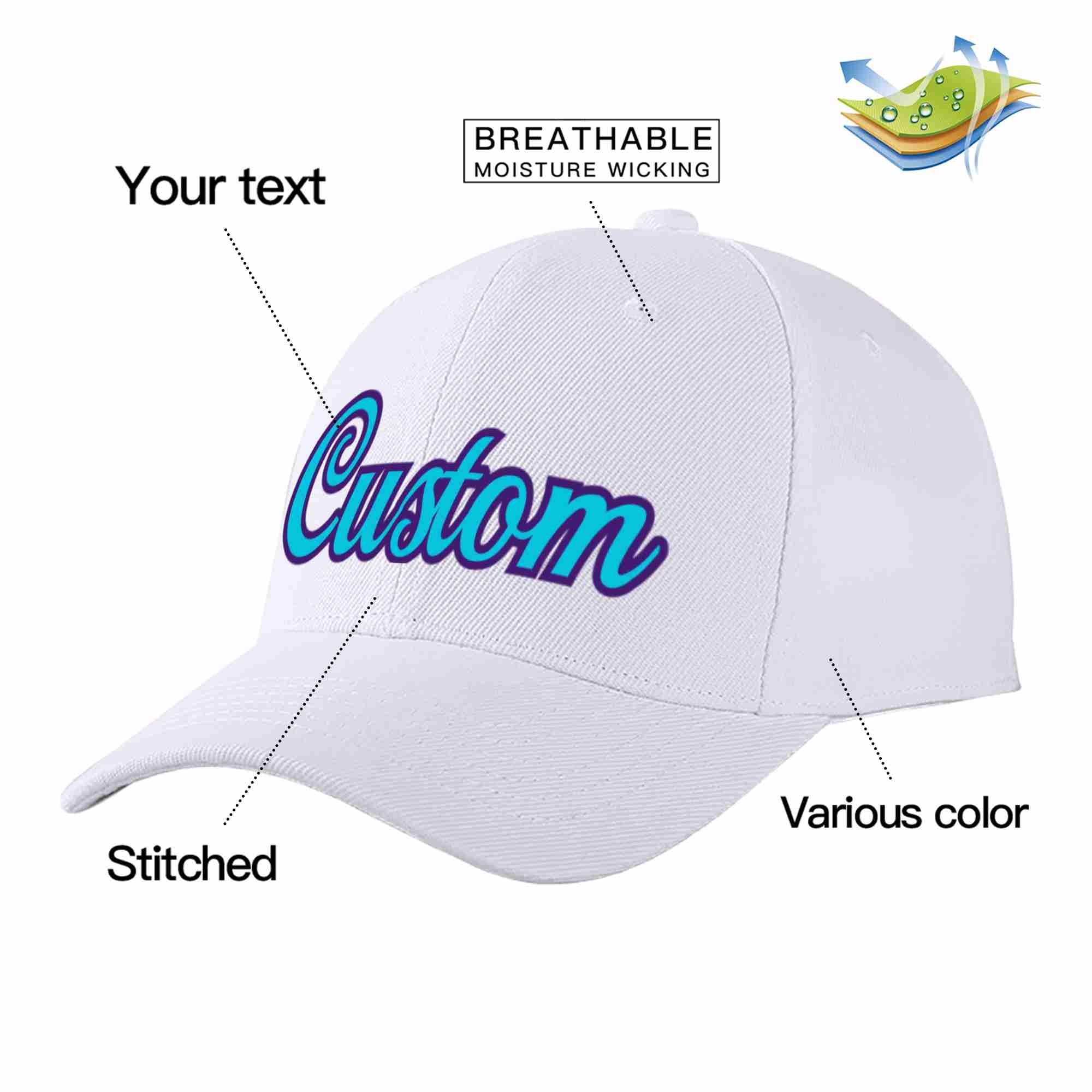 Conception personnalisée de casquette de baseball de sport incurvée bleu clair-violet blanc pour hommes/femmes/jeunes