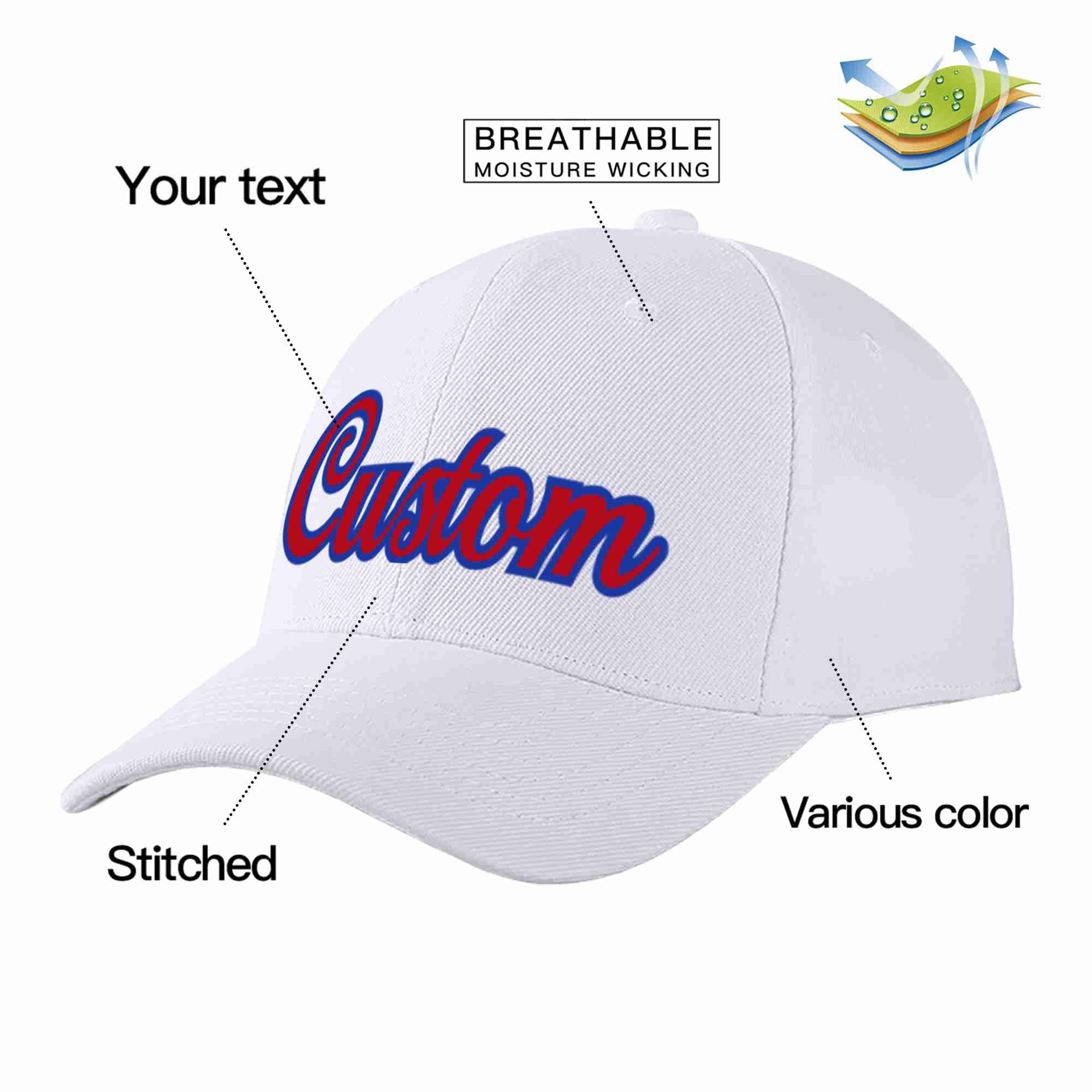 Conception personnalisée de casquette de baseball de sport incurvée blanc rouge-royal pour hommes/femmes/jeunes