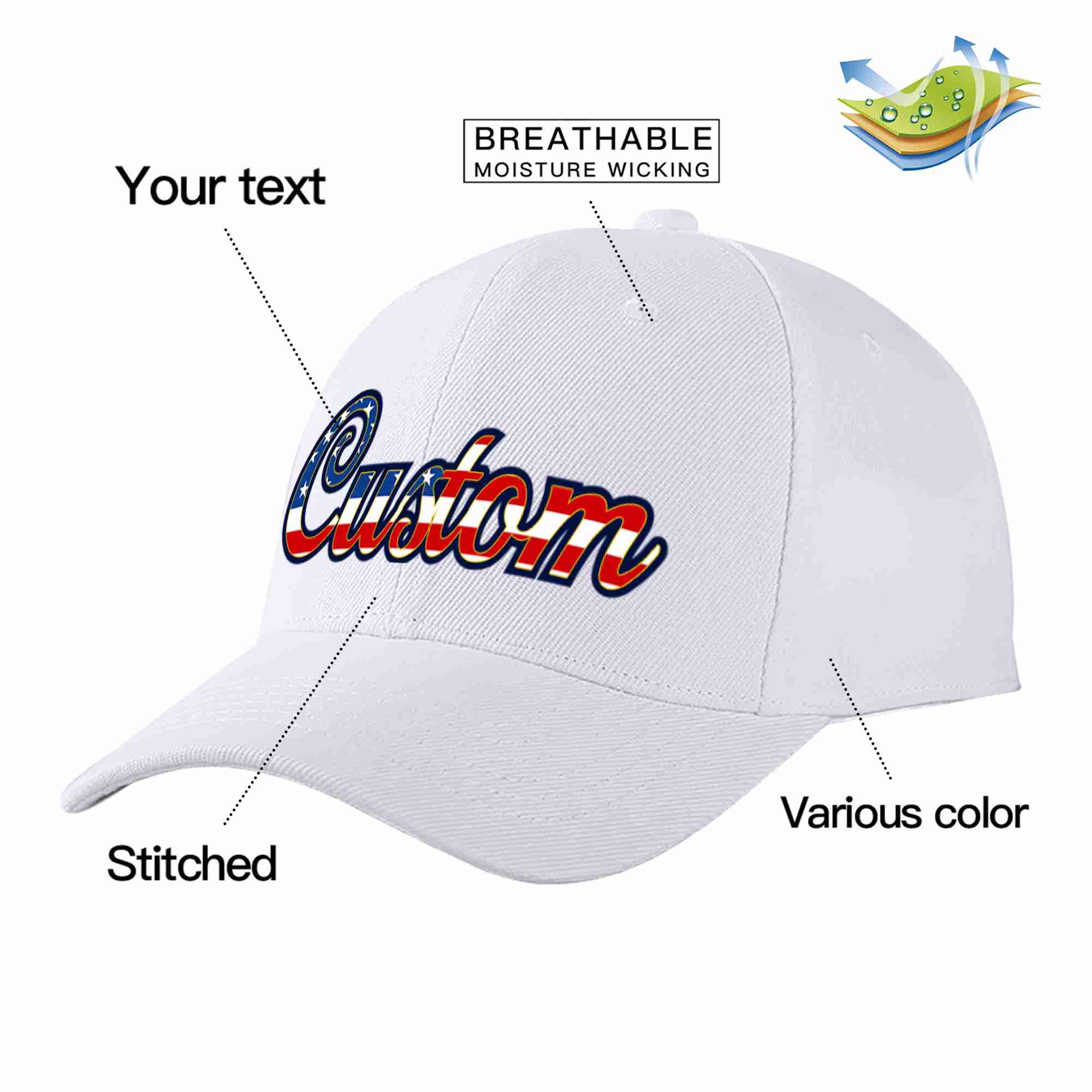 Casquette de baseball de sport avec avant-toit incurvé blanc et personnalisé, drapeau américain Vintage, doré, Design pour hommes/femmes/jeunes