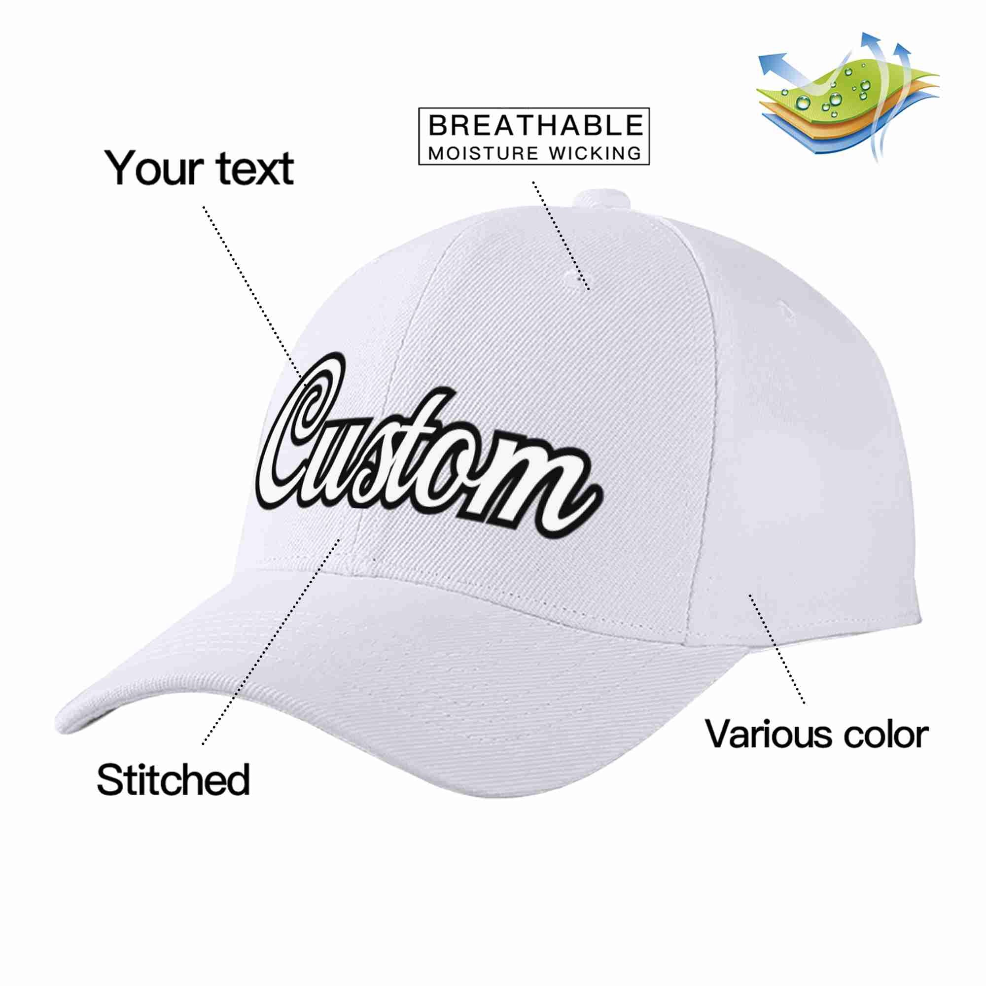 Conception personnalisée de casquette de baseball de sport incurvée blanc-noir blanc pour hommes/femmes/jeunes