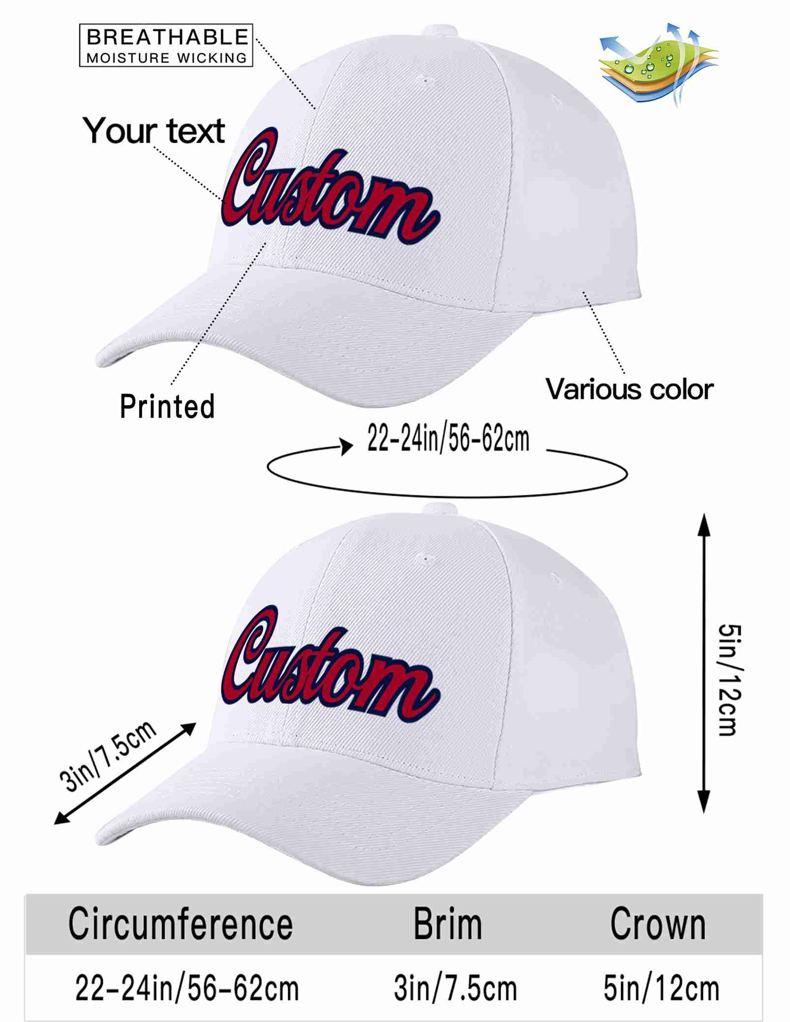 Custom White Red-Navy Curved Eaves Sport Baseball Cap Design for Men/Women/Youth