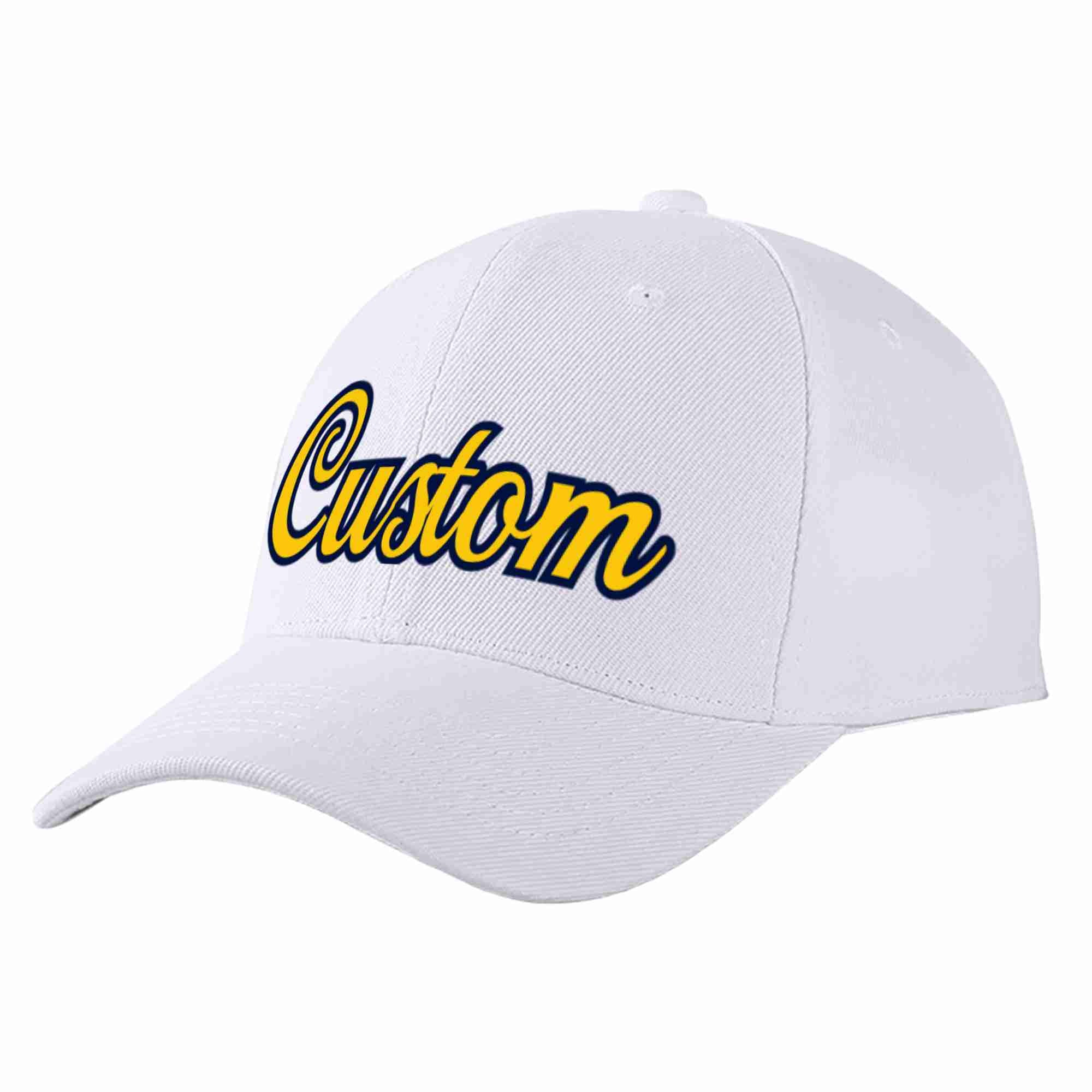 Custom White Yellow-Navy Curved Eaves Sport Baseball Cap Design for Men/Women/Youth