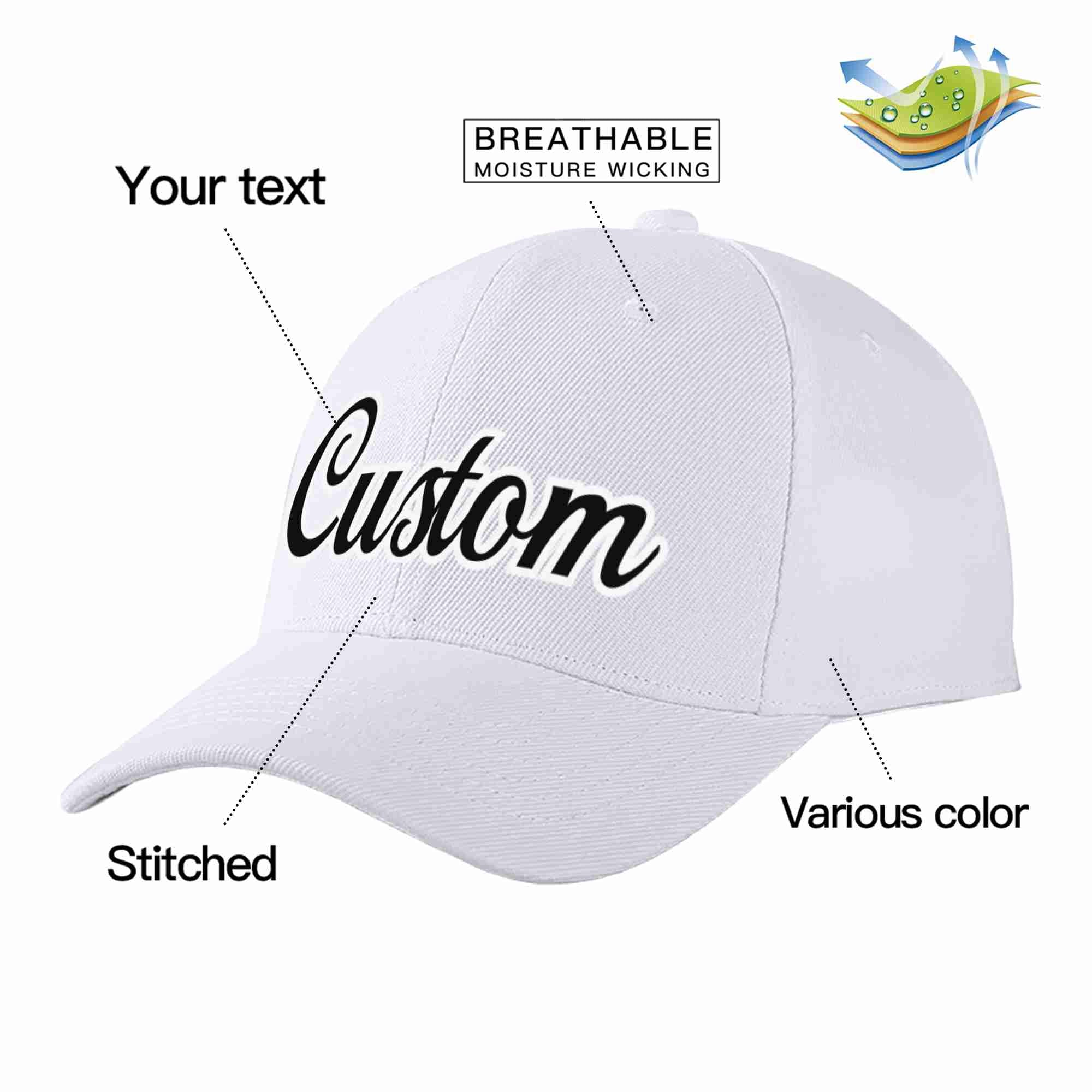 Conception personnalisée de casquette de baseball de sport incurvée blanc noir-blanc pour hommes/femmes/jeunes