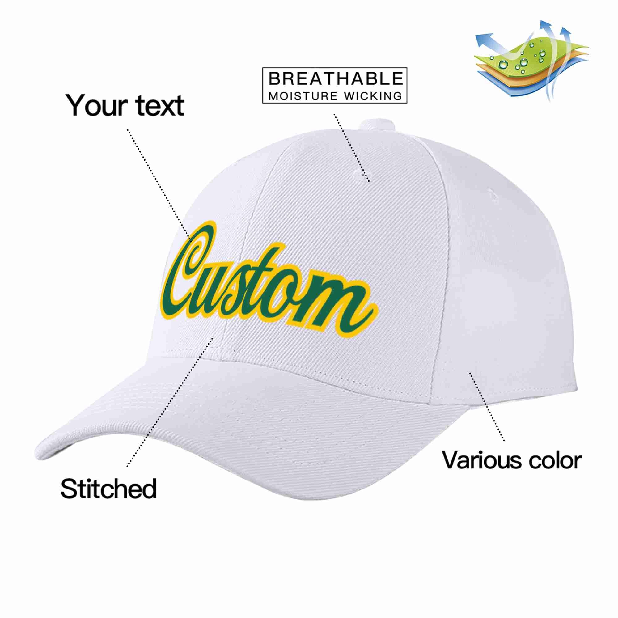 Custom White Kelly Green-Yellow Curved Eaves Sport Baseball Cap Design for Men/Women/Youth