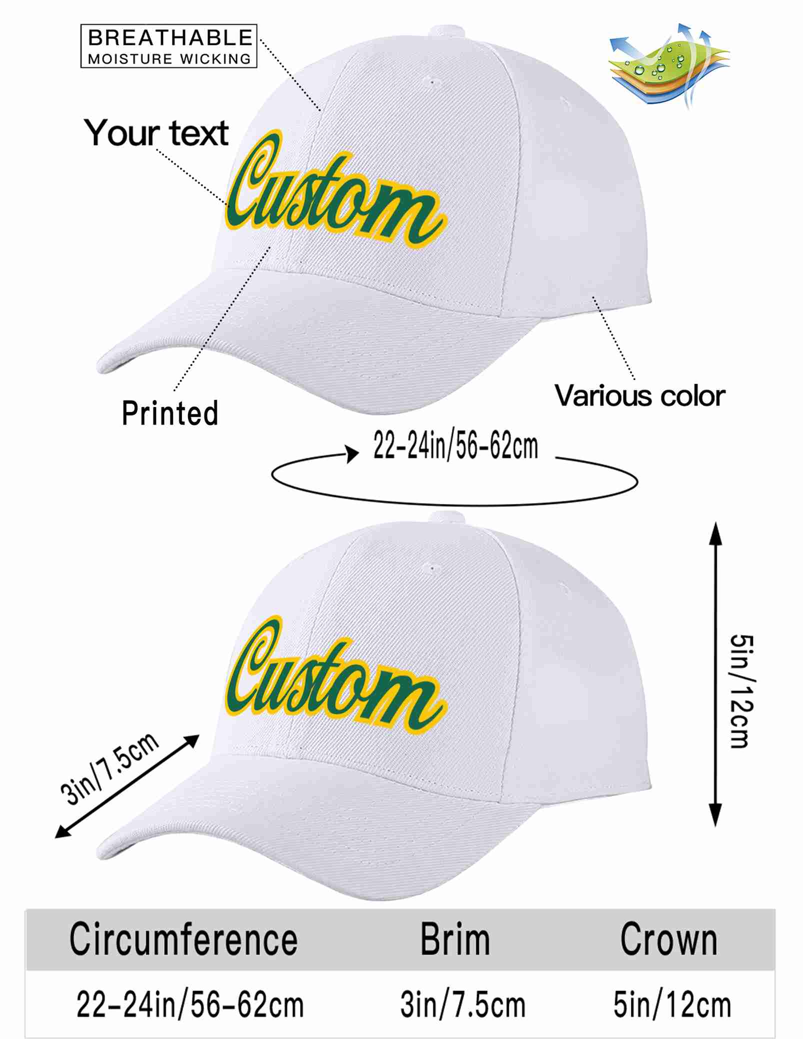 Custom White Kelly Green-Yellow Curved Eaves Sport Baseball Cap Design for Men/Women/Youth