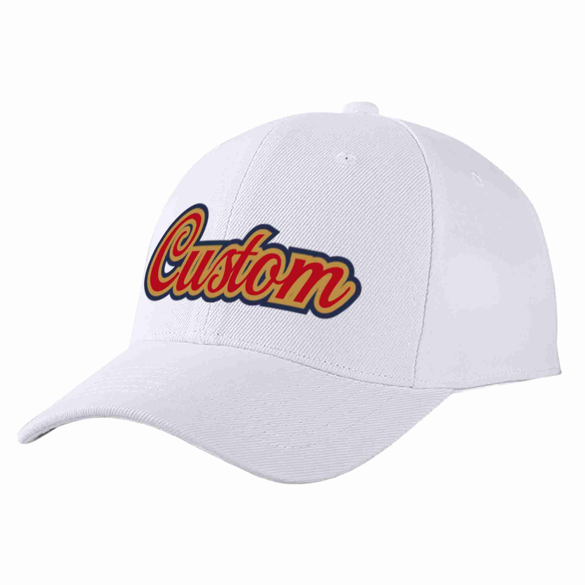 Conception personnalisée de casquette de baseball de sport à avant-toit incurvé blanc rouge-vieil or pour hommes/femmes/jeunes