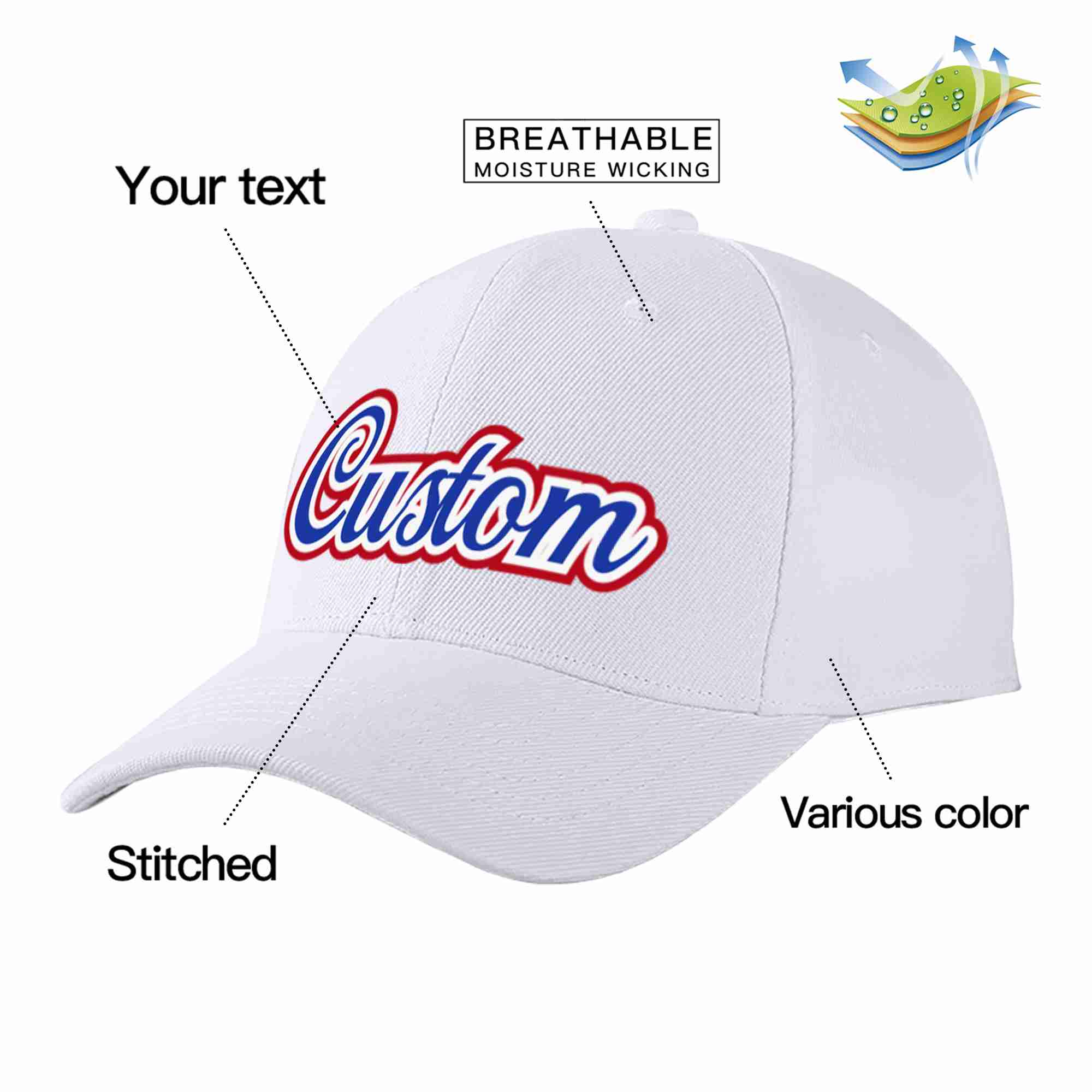 Custom White Royal-White Curved Eaves Sport Baseball Cap Design for Men/Women/Youth