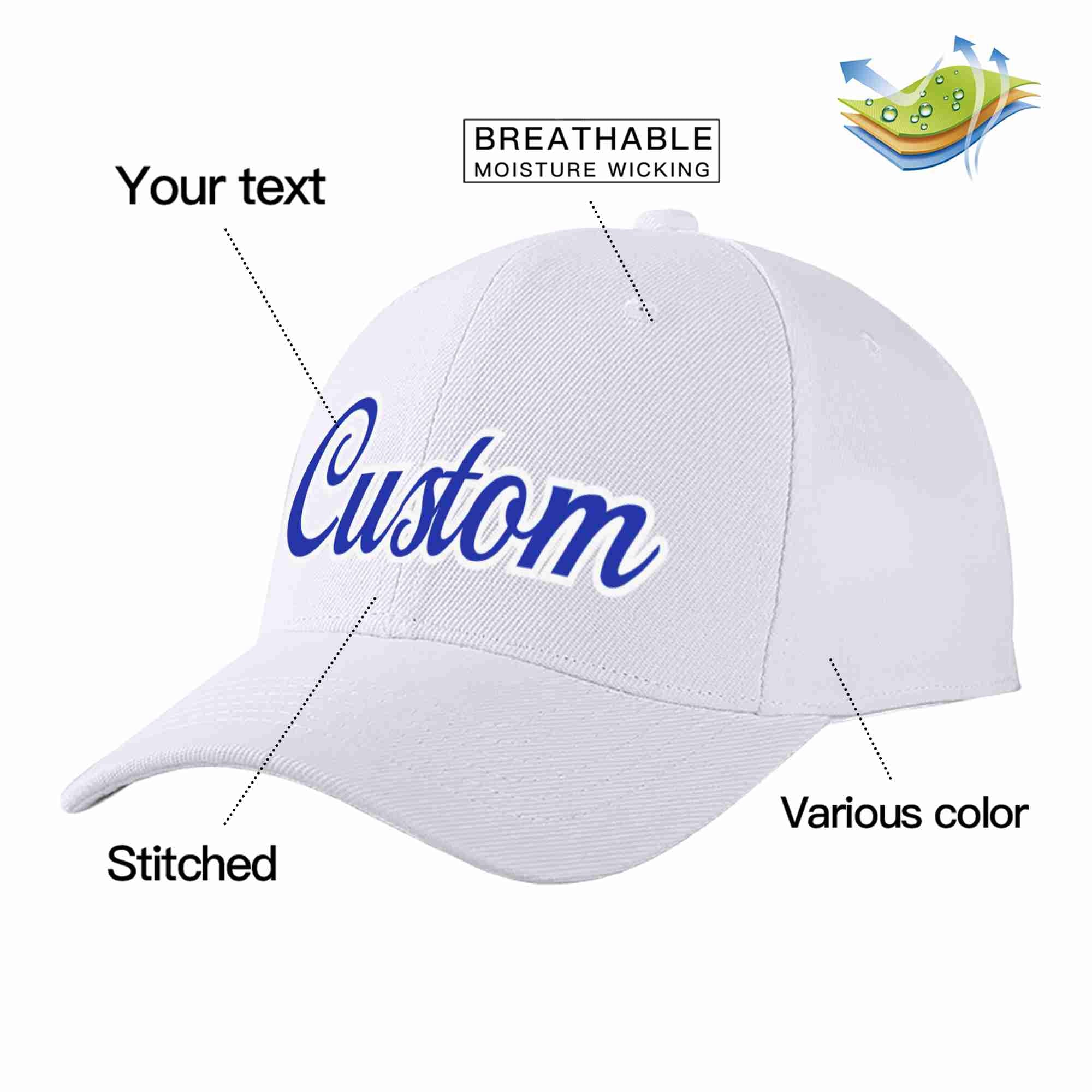 Conception personnalisée de casquette de baseball de sport incurvée blanc royal-blanc pour hommes/femmes/jeunes