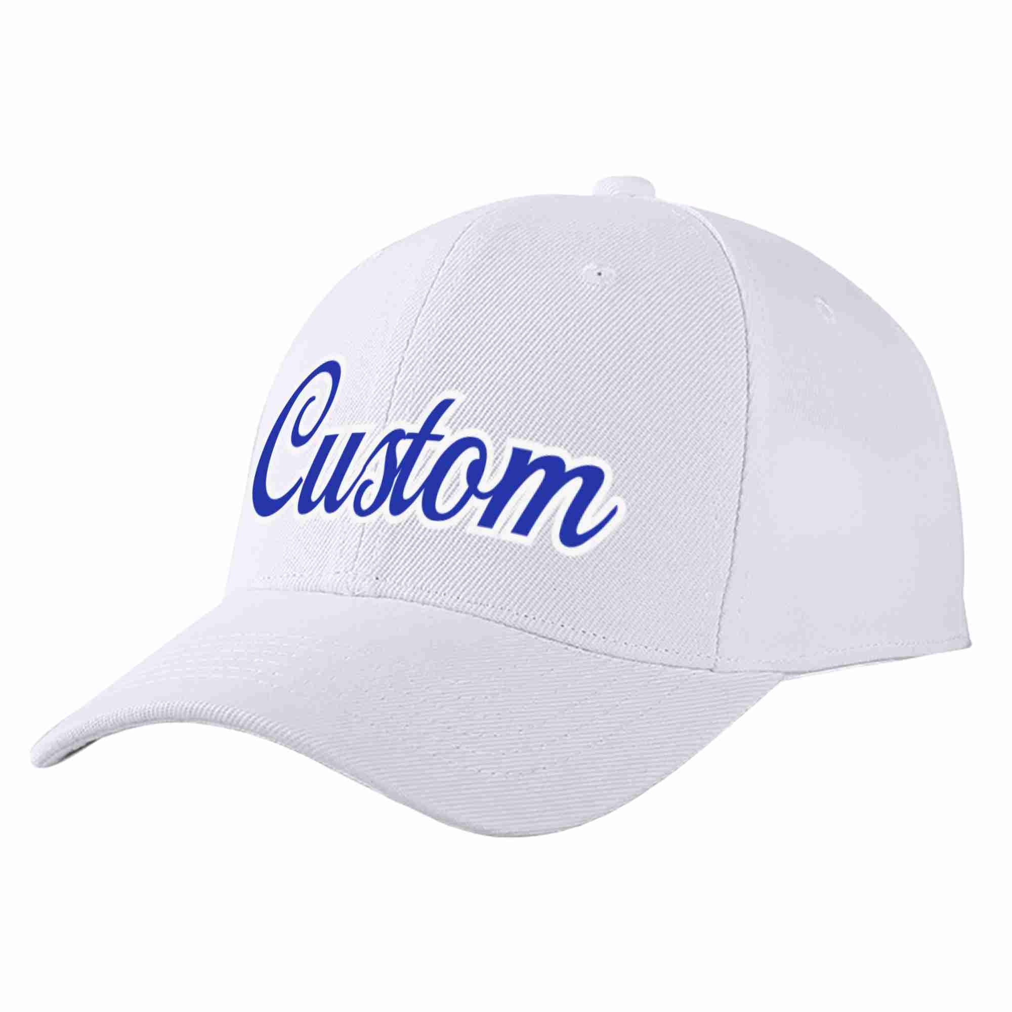 Conception personnalisée de casquette de baseball de sport incurvée blanc royal-blanc pour hommes/femmes/jeunes