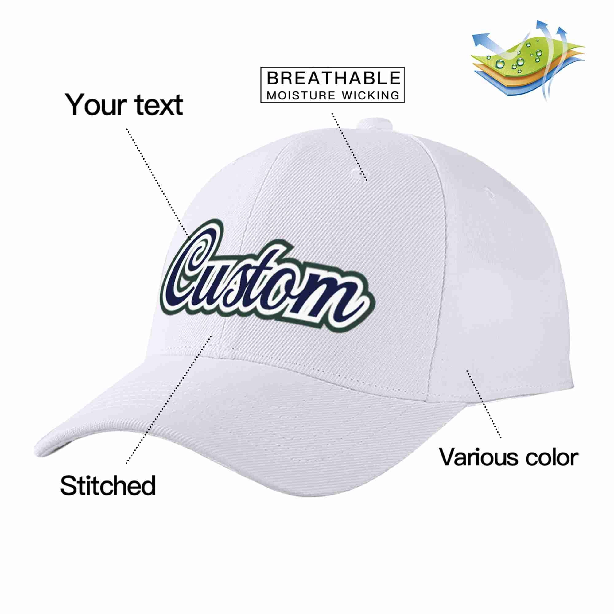 Conception personnalisée de casquette de baseball de sport incurvée blanc marine-blanc pour hommes/femmes/jeunes