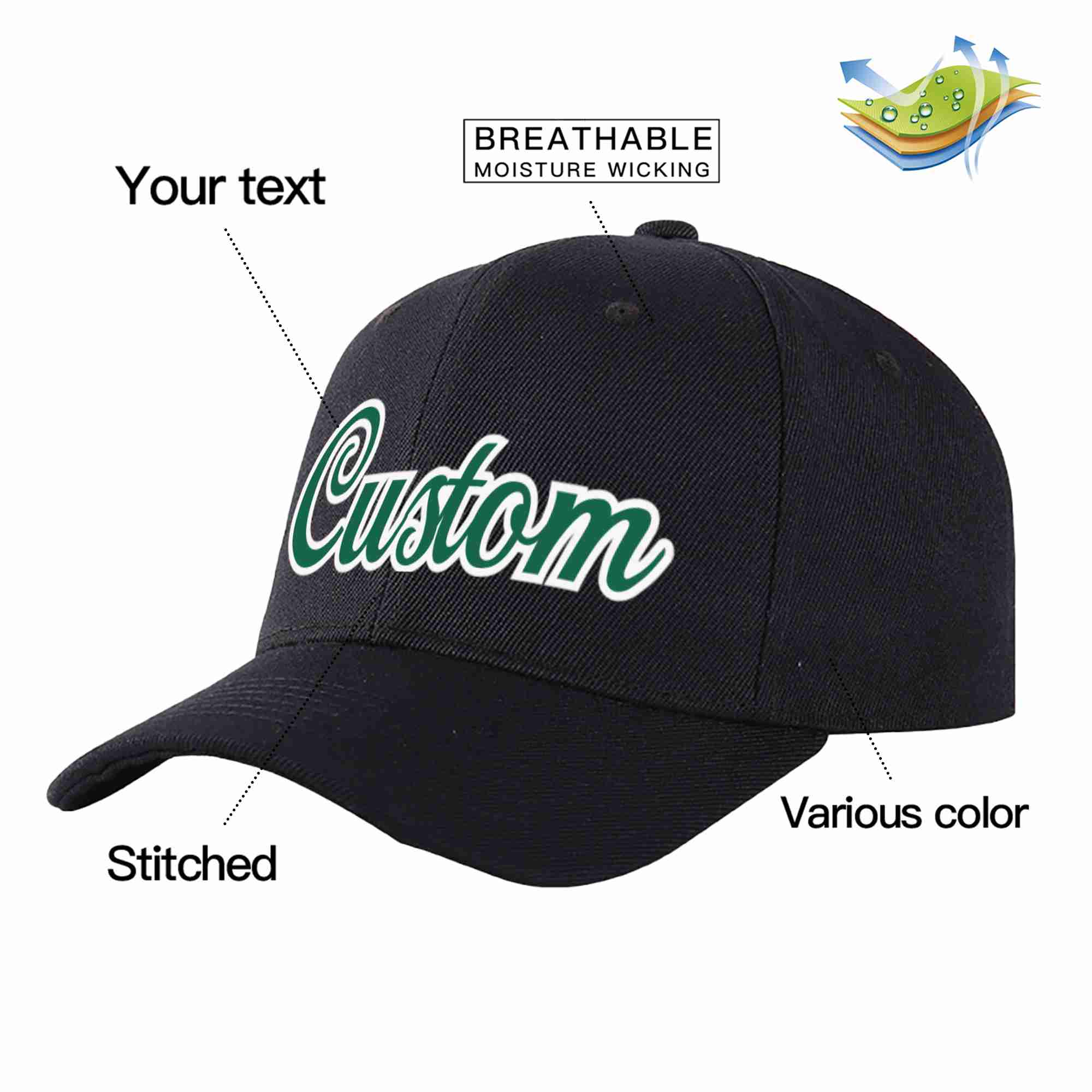 Casquette de baseball de sport incurvée noire Kelly vert-blanc pour hommes/femmes/jeunes