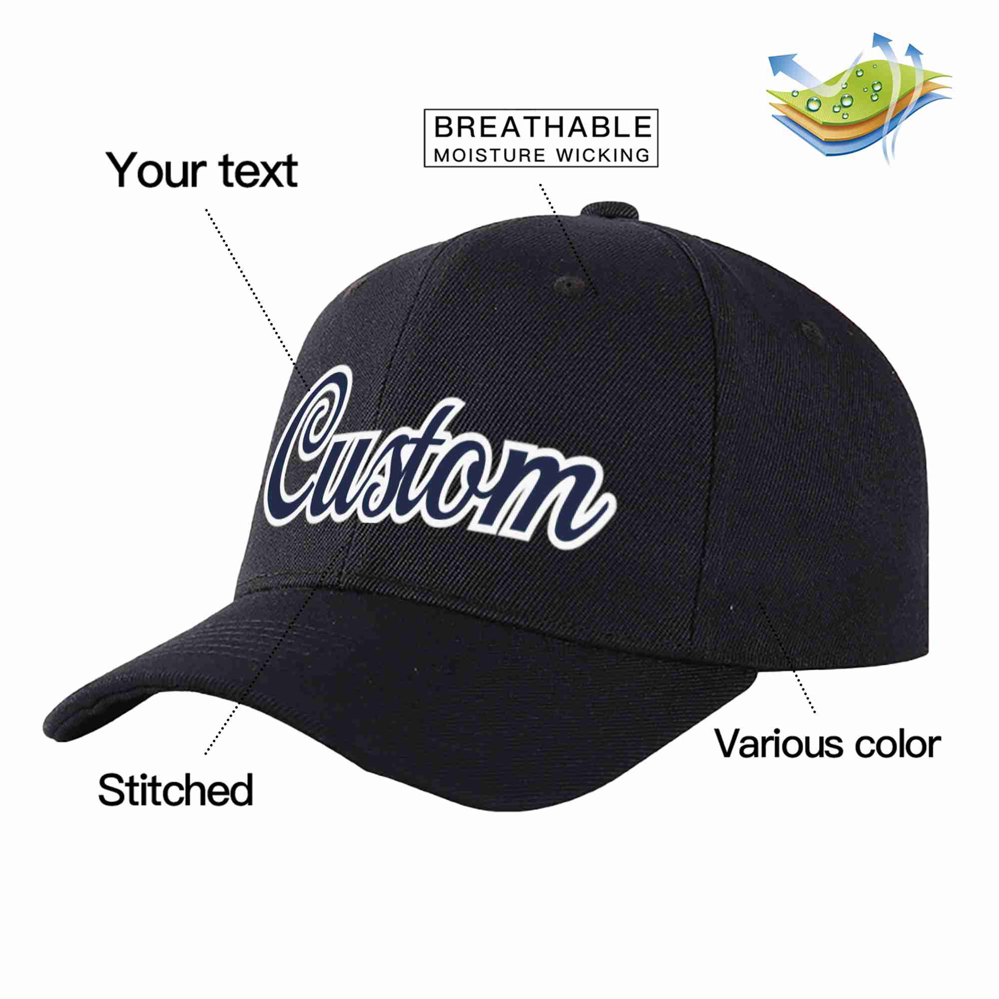 Conception personnalisée de casquette de baseball de sport incurvée noir marine-blanc pour hommes/femmes/jeunes