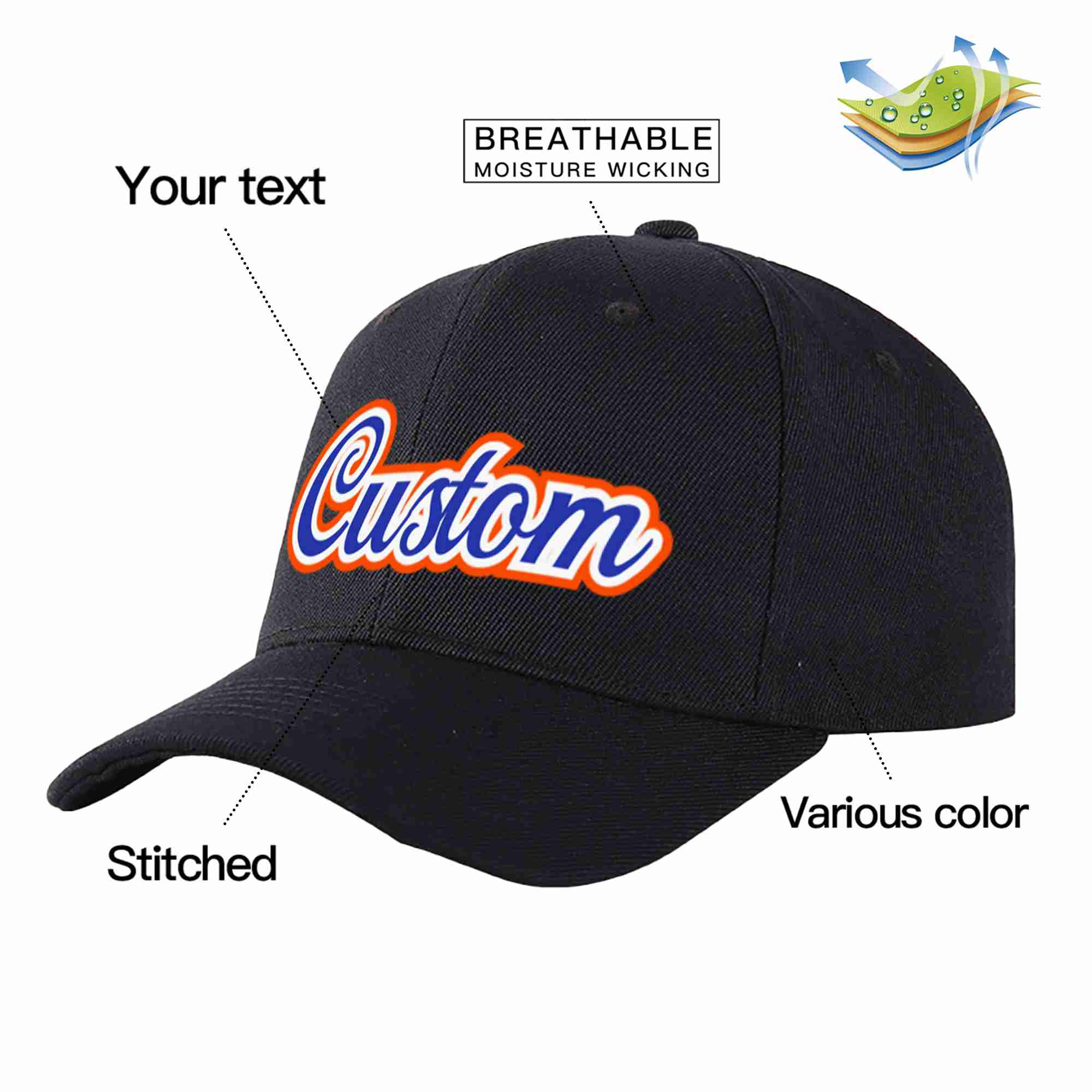 Conception personnalisée de casquette de baseball de sport incurvée noir royal-blanc pour hommes/femmes/jeunes