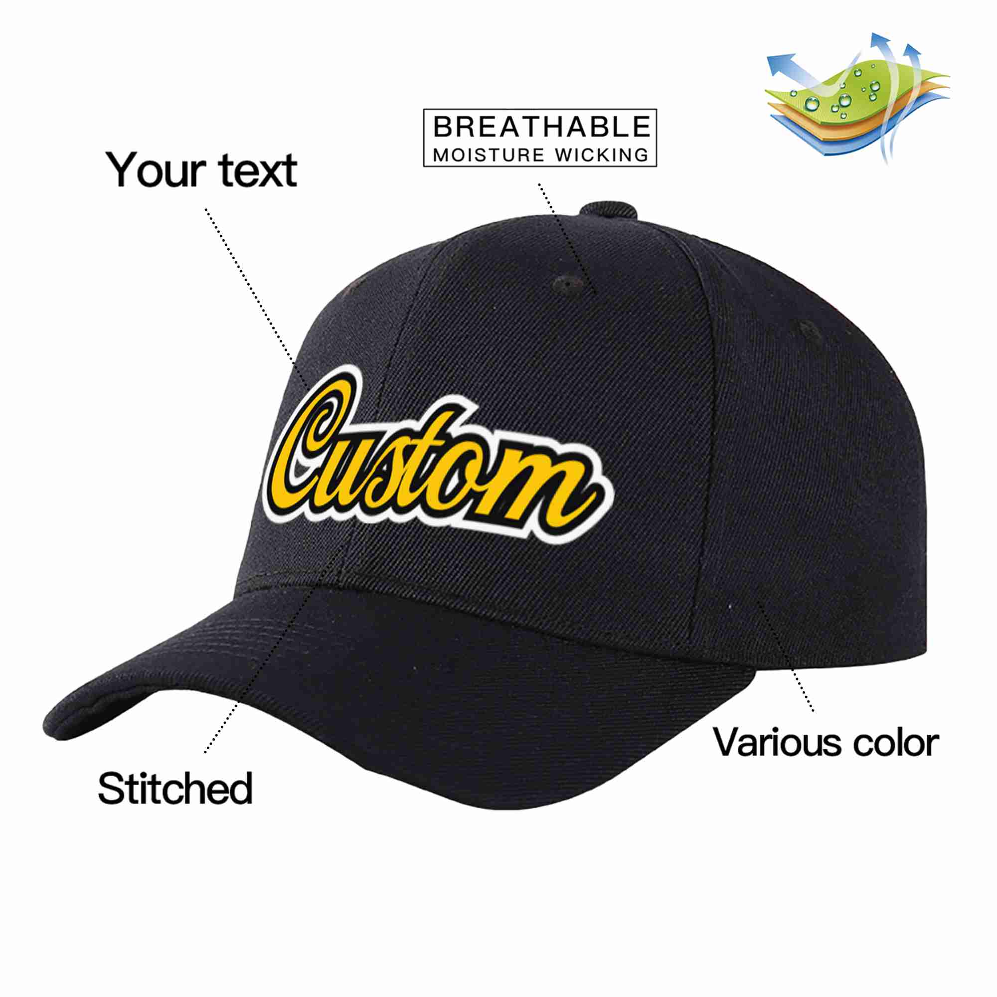 Custom Black Gold-Black Curved Eaves Sport Baseball Cap Design for Men/Women/Youth