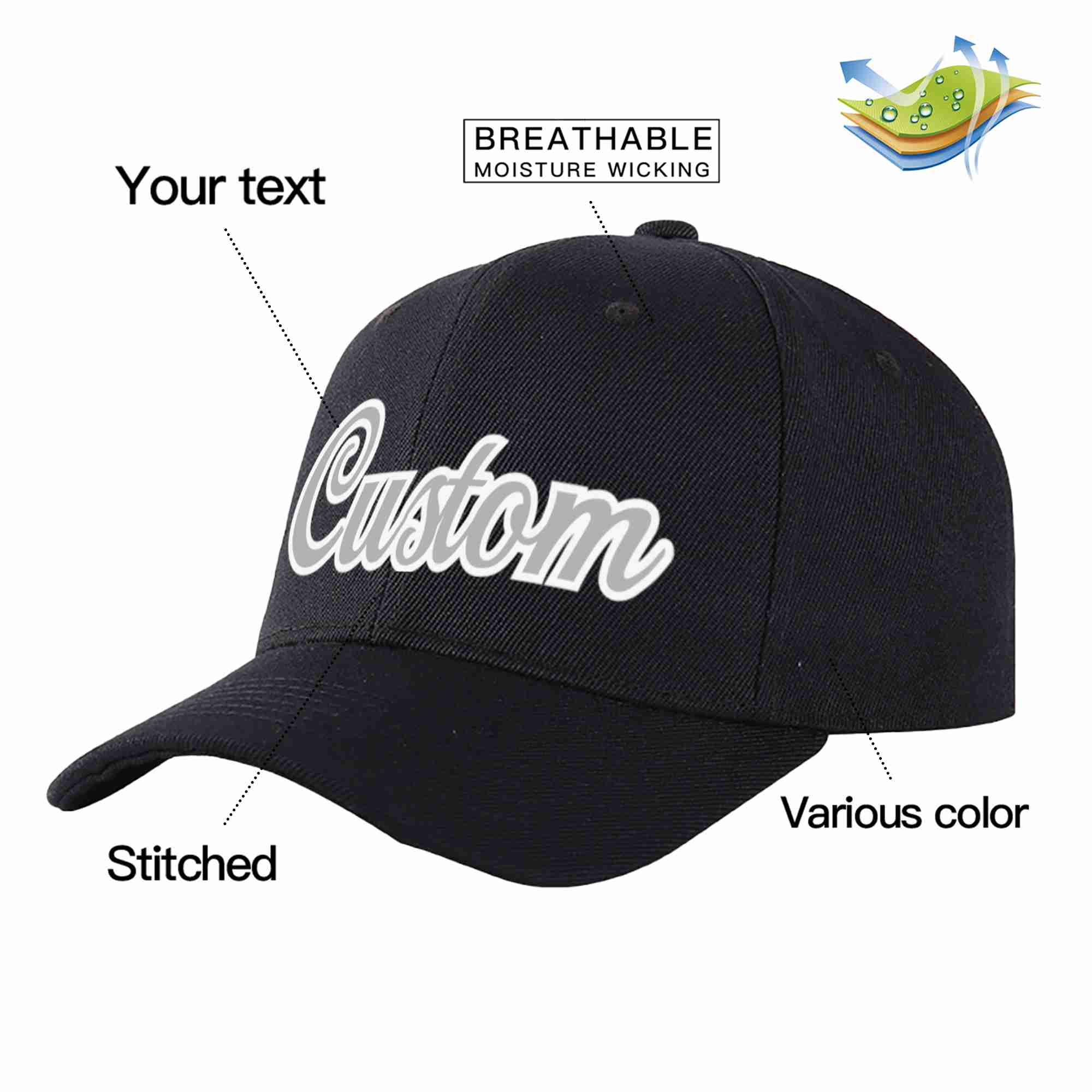 Custom Black Gray-White Curved Eaves Sport Baseball Cap Design for Men/Women/Youth