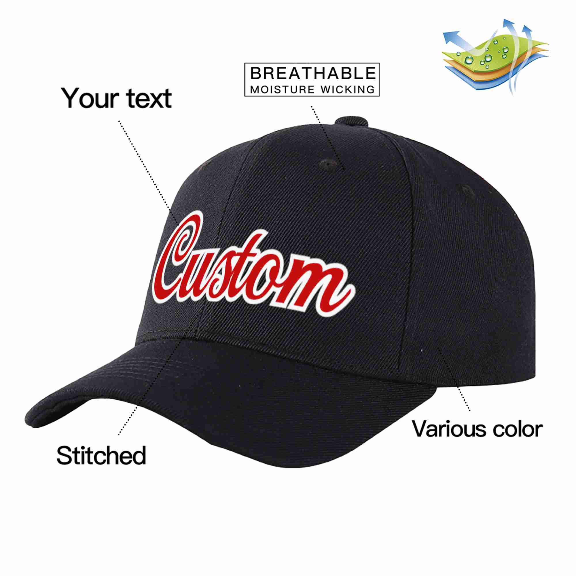 Custom Black Red-White Curved Eaves Sport Baseball Cap Design for Men/Women/Youth