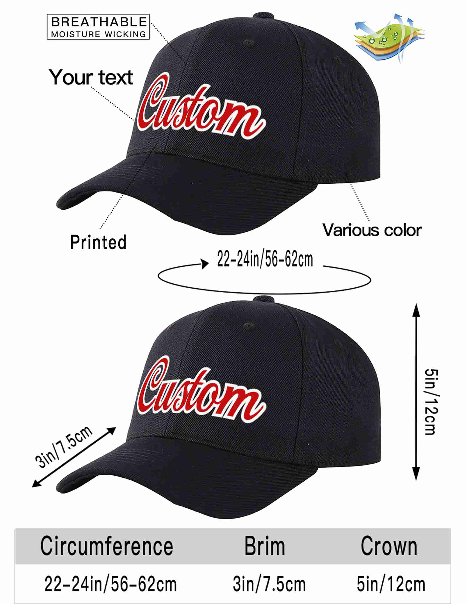 Custom Black Red-White Curved Eaves Sport Baseball Cap Design for Men/Women/Youth