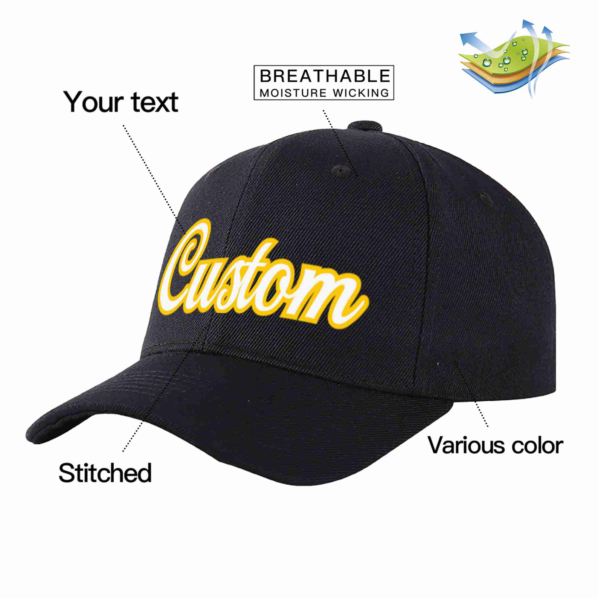 Custom Black White-Gold Curved Eaves Sport Baseball Cap Design for Men/Women/Youth