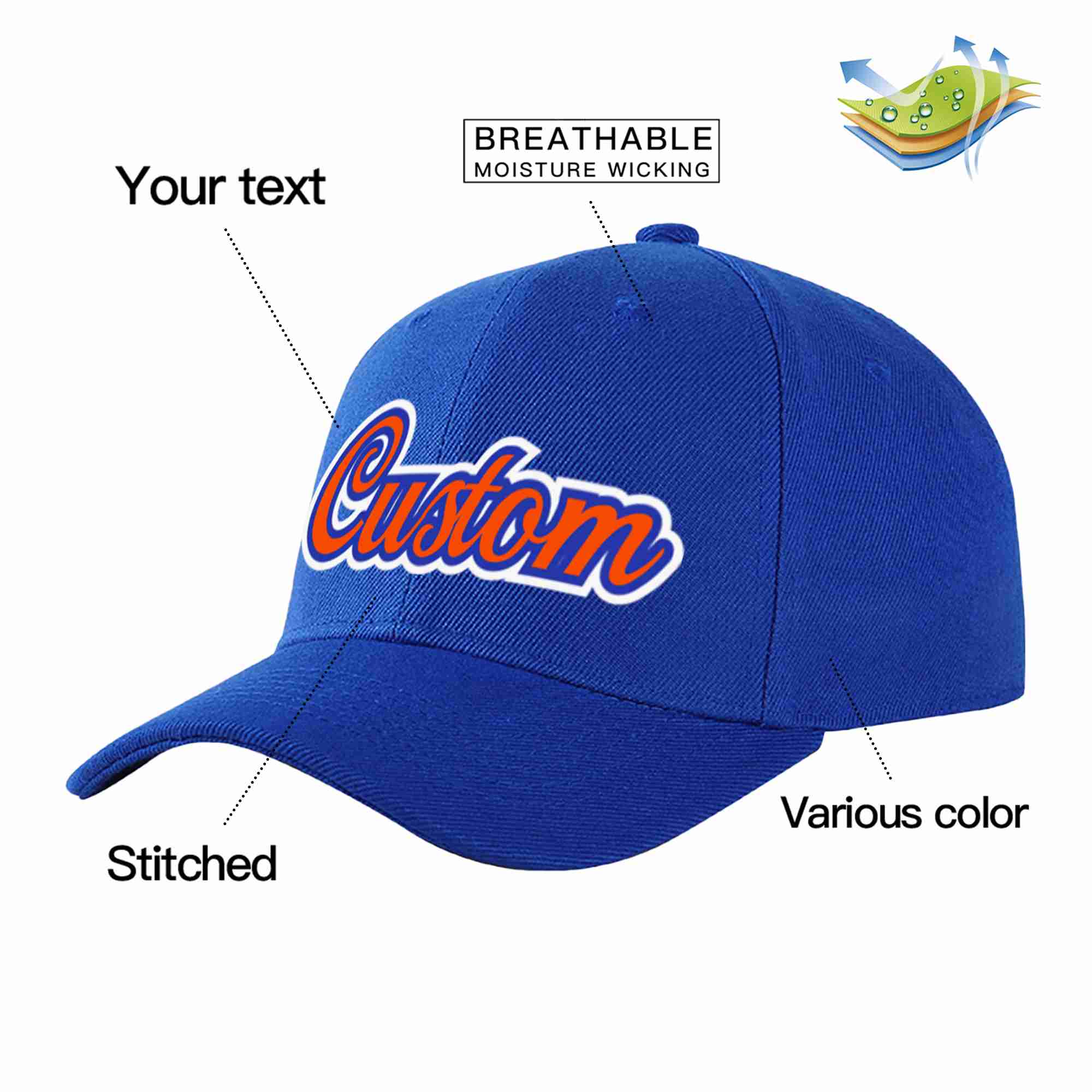 Casquette de baseball personnalisée Royal Orange-Royal Curved Eaves Sport pour hommes/femmes/jeunes