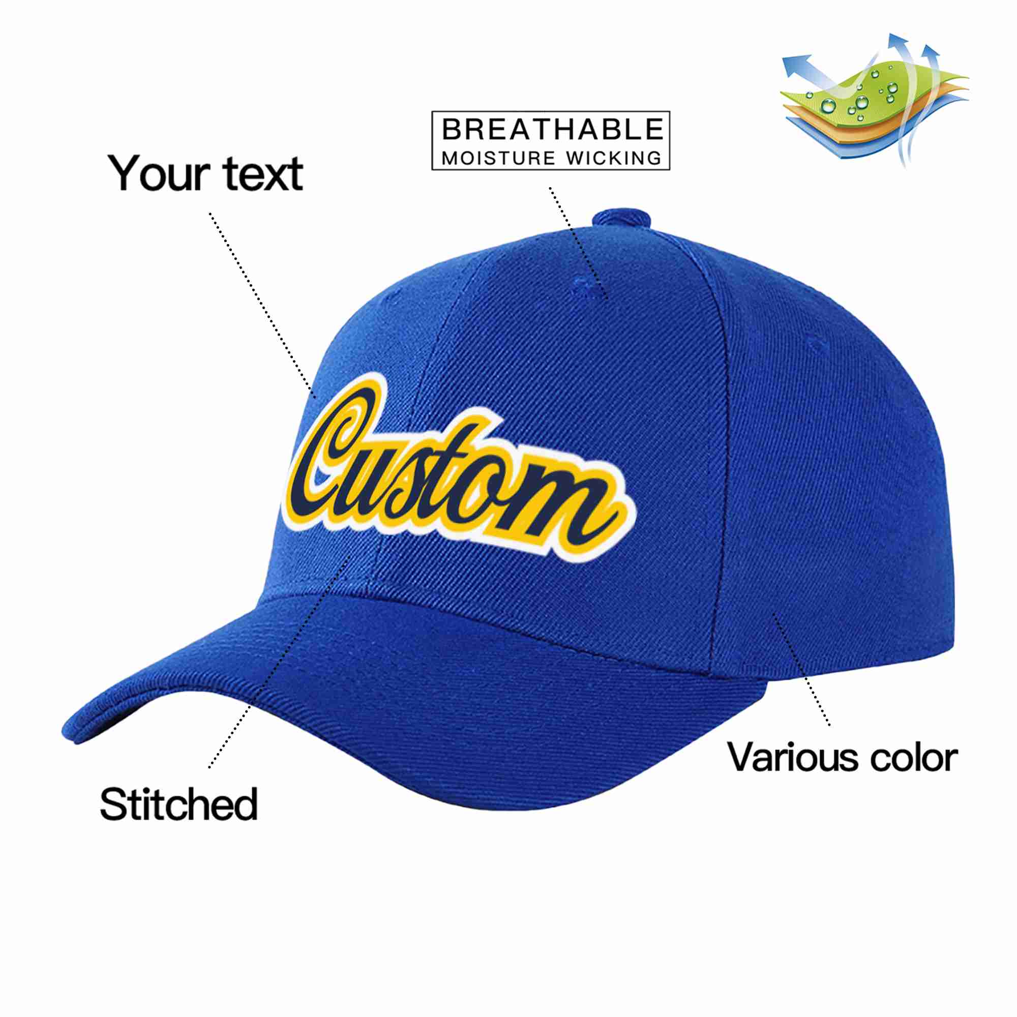 Conception personnalisée de casquette de baseball de sport incurvée jaune marine royale pour hommes/femmes/jeunes