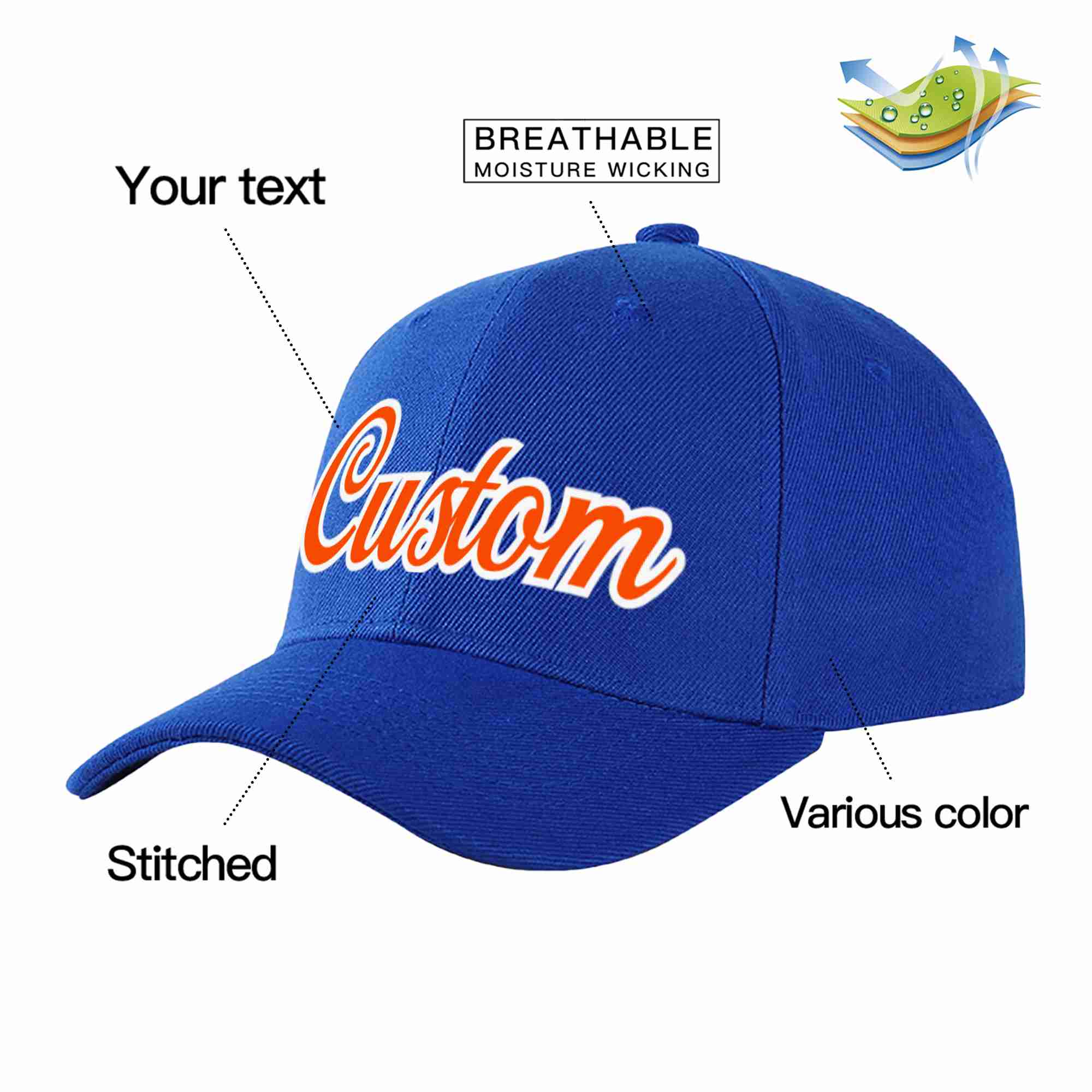 Conception personnalisée de casquette de baseball de sport incurvée orange-blanc royal pour hommes/femmes/jeunes