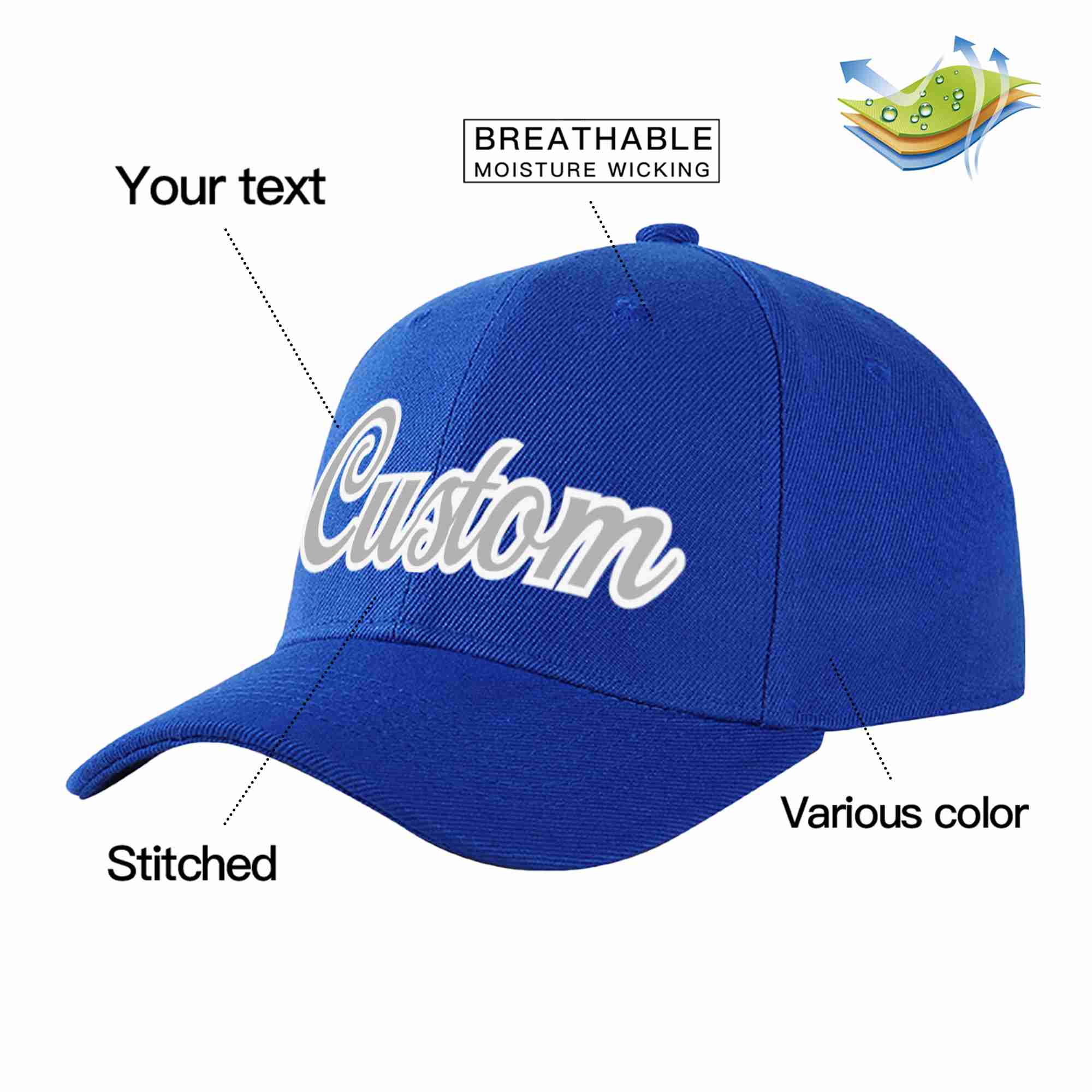 Conception personnalisée de casquette de baseball de sport incurvée gris-blanc royal pour hommes/femmes/jeunes