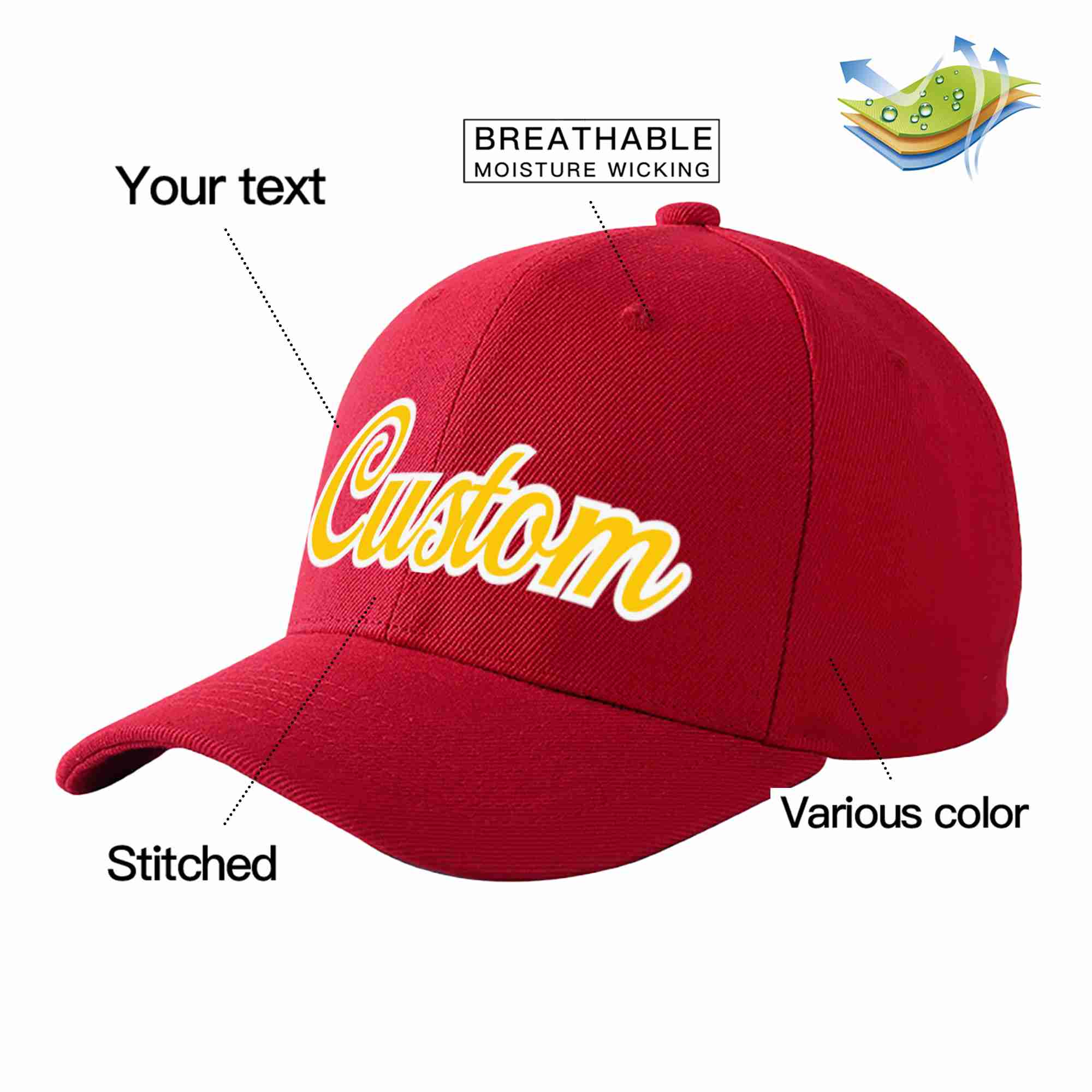 Custom Red Gold-White Curved Eaves Sport Baseball Cap Design for Men/Women/Youth