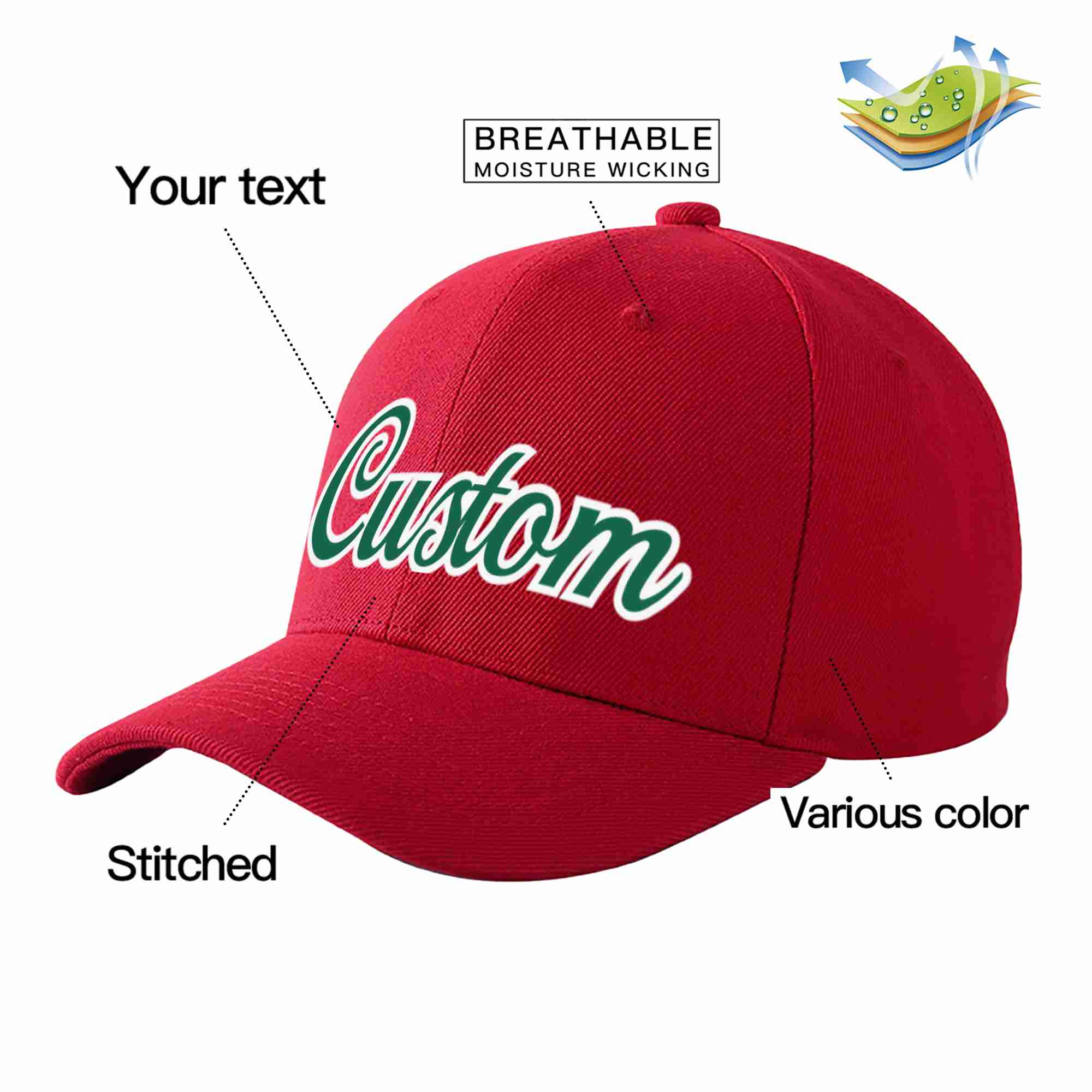 Custom Red Kelly Green-White Curved Eaves Sport Baseball Cap Design for Men/Women/Youth