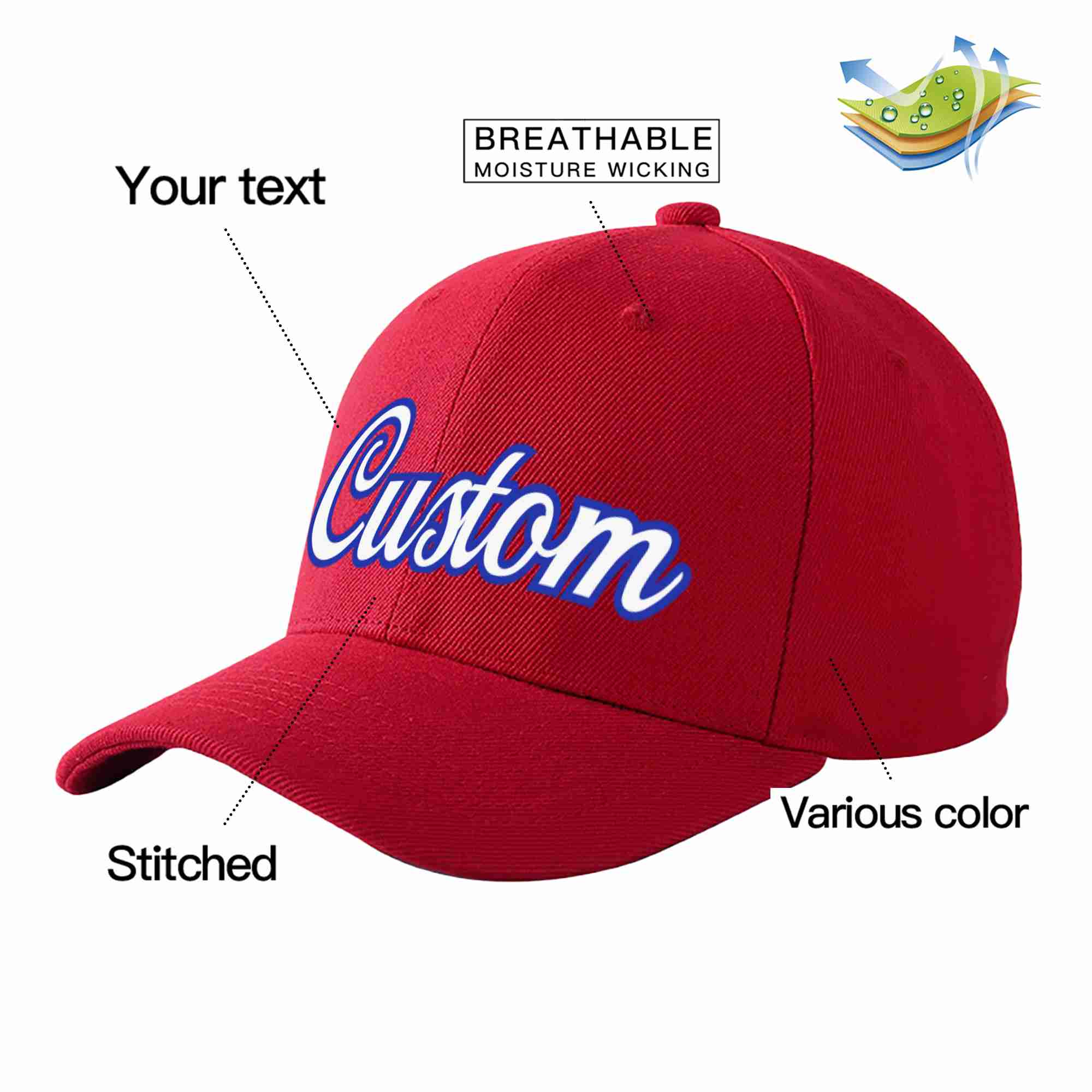 Conception personnalisée de casquette de baseball de sport courbée rouge blanc-royal pour hommes/femmes/jeunes