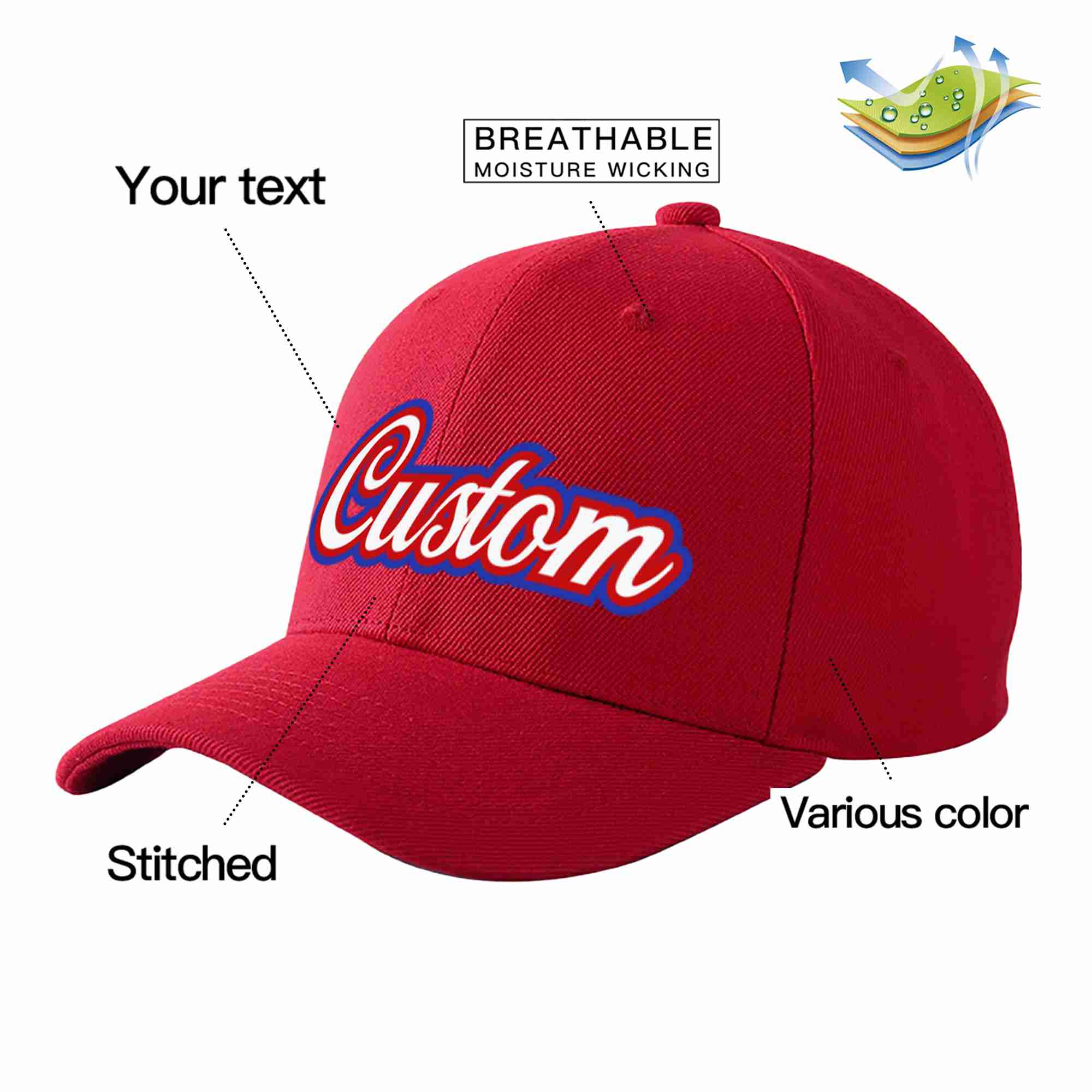 Conception personnalisée de casquette de baseball de sport incurvée rouge blanc-rouge pour hommes/femmes/jeunes