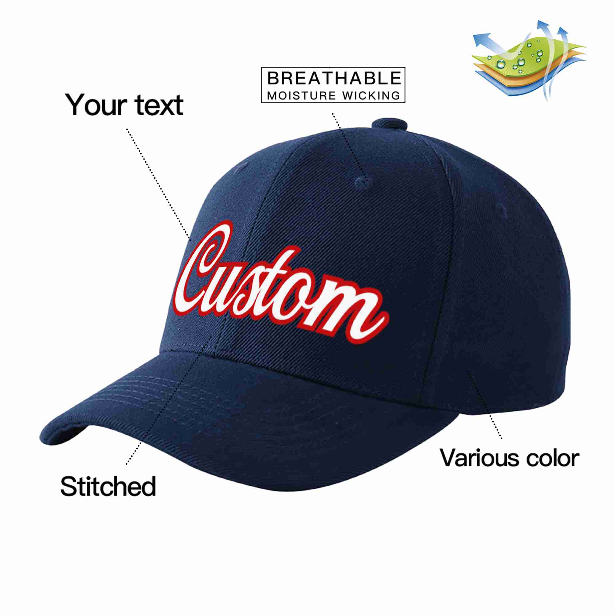 Custom Navy White-Red Curved Eaves Sport Baseball Cap Design for Men/Women/Youth