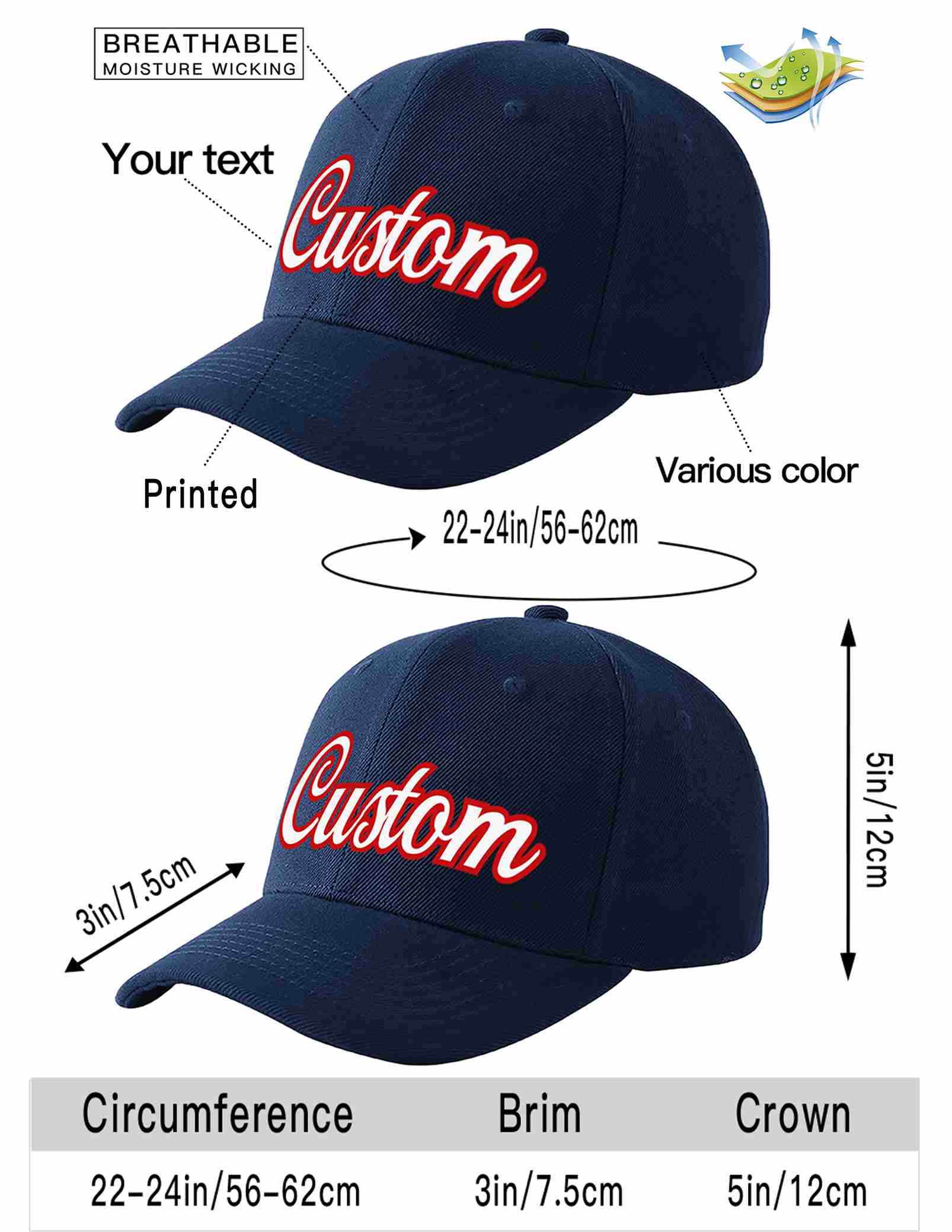 Custom Navy White-Red Curved Eaves Sport Baseball Cap Design for Men/Women/Youth