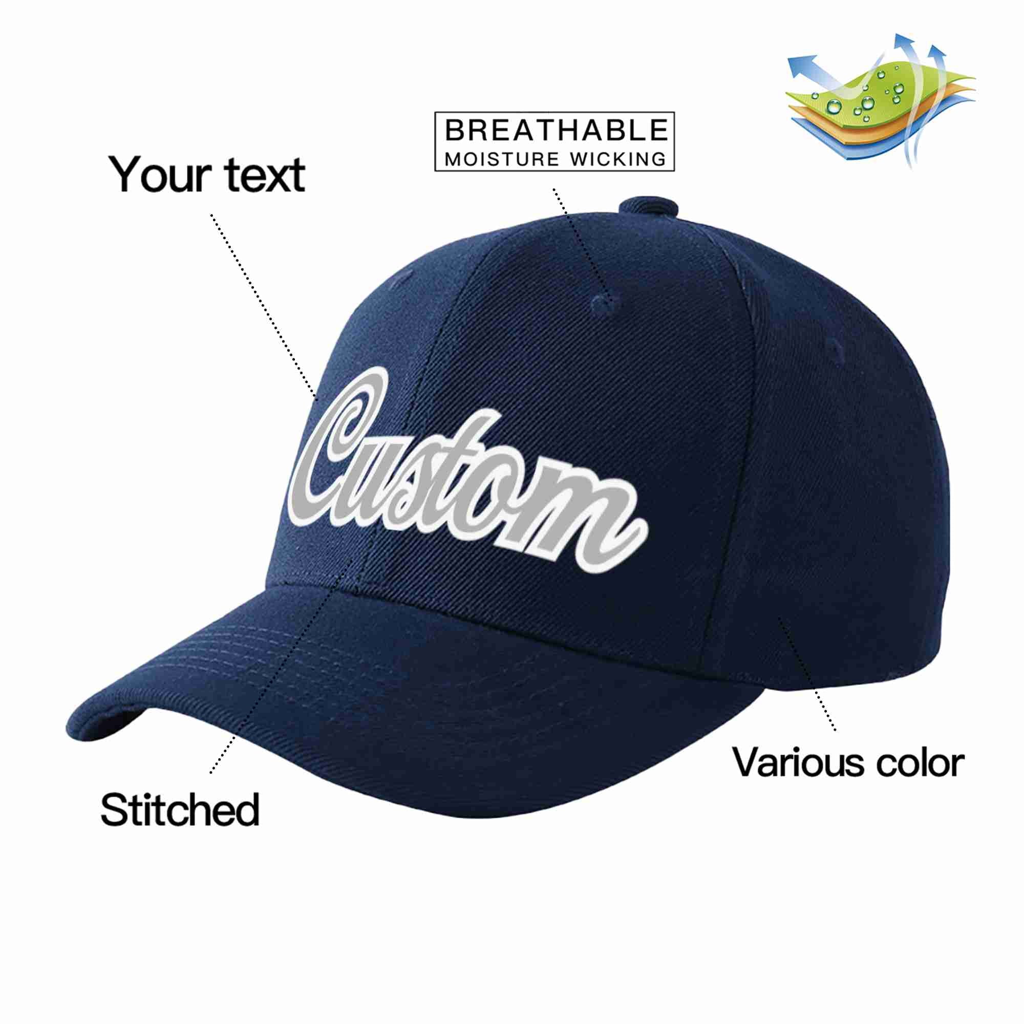 Conception personnalisée de casquette de baseball de sport incurvée gris-blanc marine pour hommes/femmes/jeunes