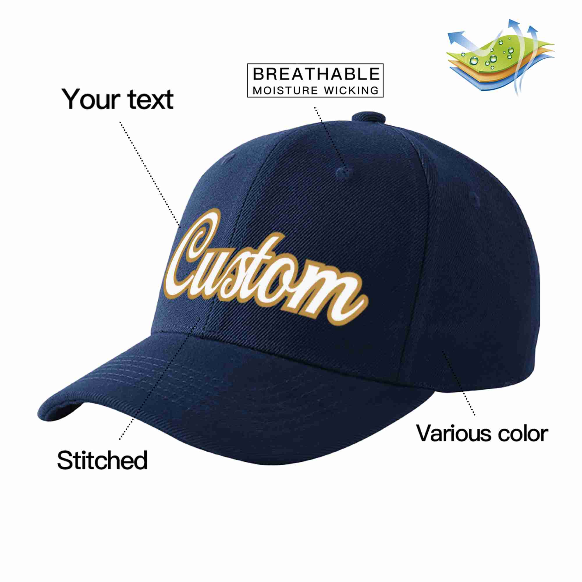 Custom Navy White-Old Gold Curved Eaves Sport Baseball Cap Design for Men/Women/Youth