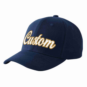 Custom Navy White-Old Gold Curved Eaves Sport Baseball Cap Design for Men/Women/Youth