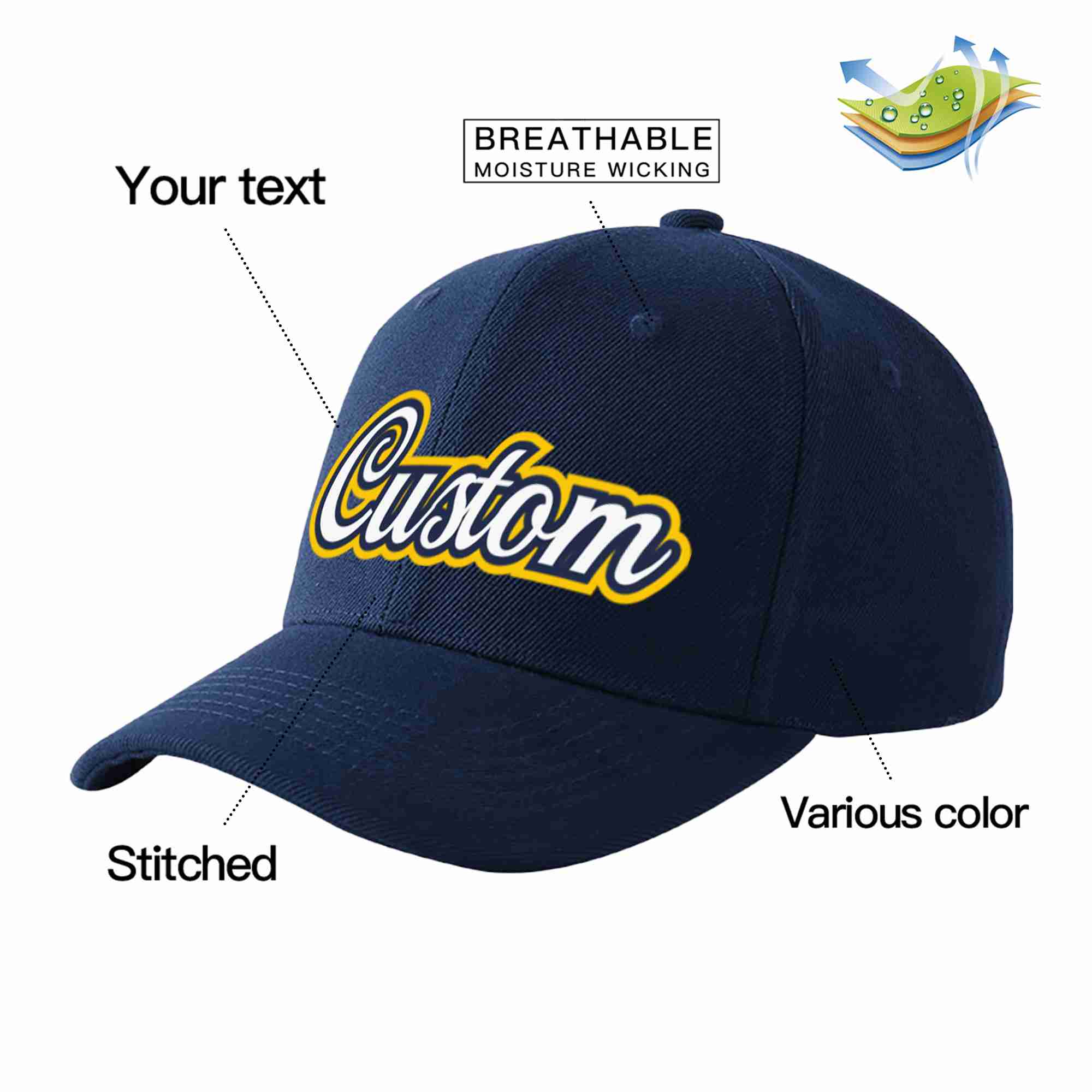 Custom Navy White-Navy Curved Eaves Sport Baseball Cap Design for Men/Women/Youth