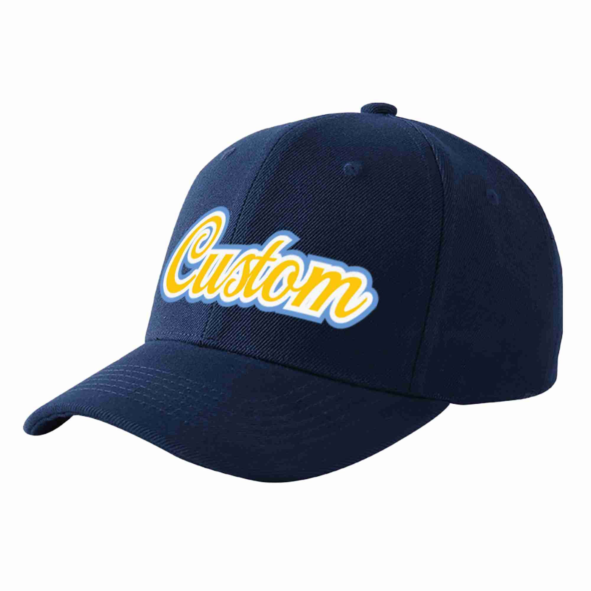 Conception personnalisée de casquette de baseball de sport courbée or-blanc marine pour hommes/femmes/jeunes