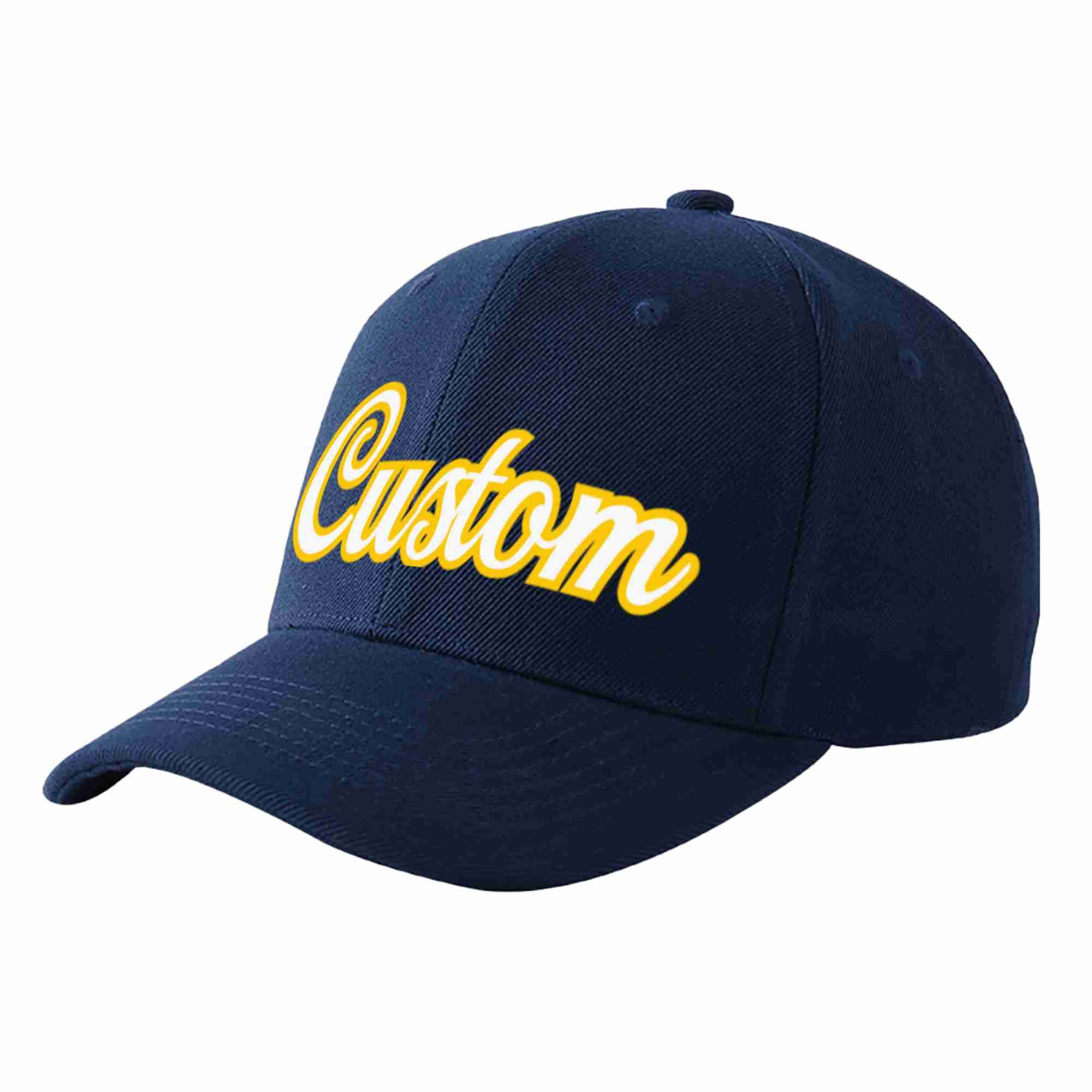 Custom Navy White-Gold Curved Eaves Sport Baseball Cap Design for Men/Women/Youth