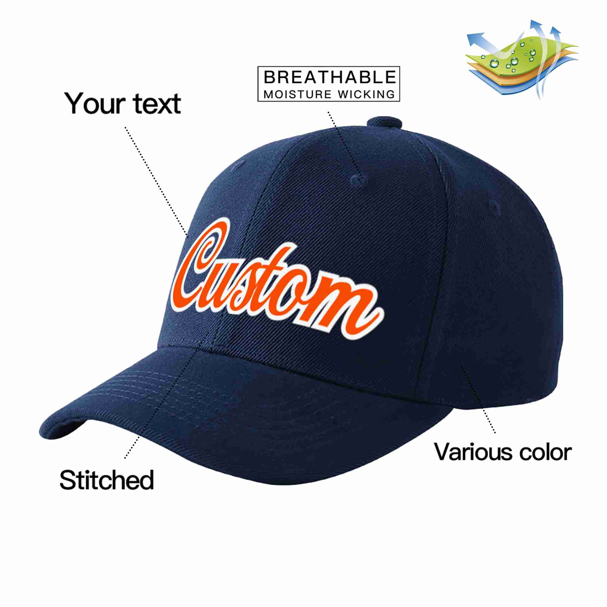 Custom Navy Orange-White Curved Eaves Sport Baseball Cap Design for Men/Women/Youth