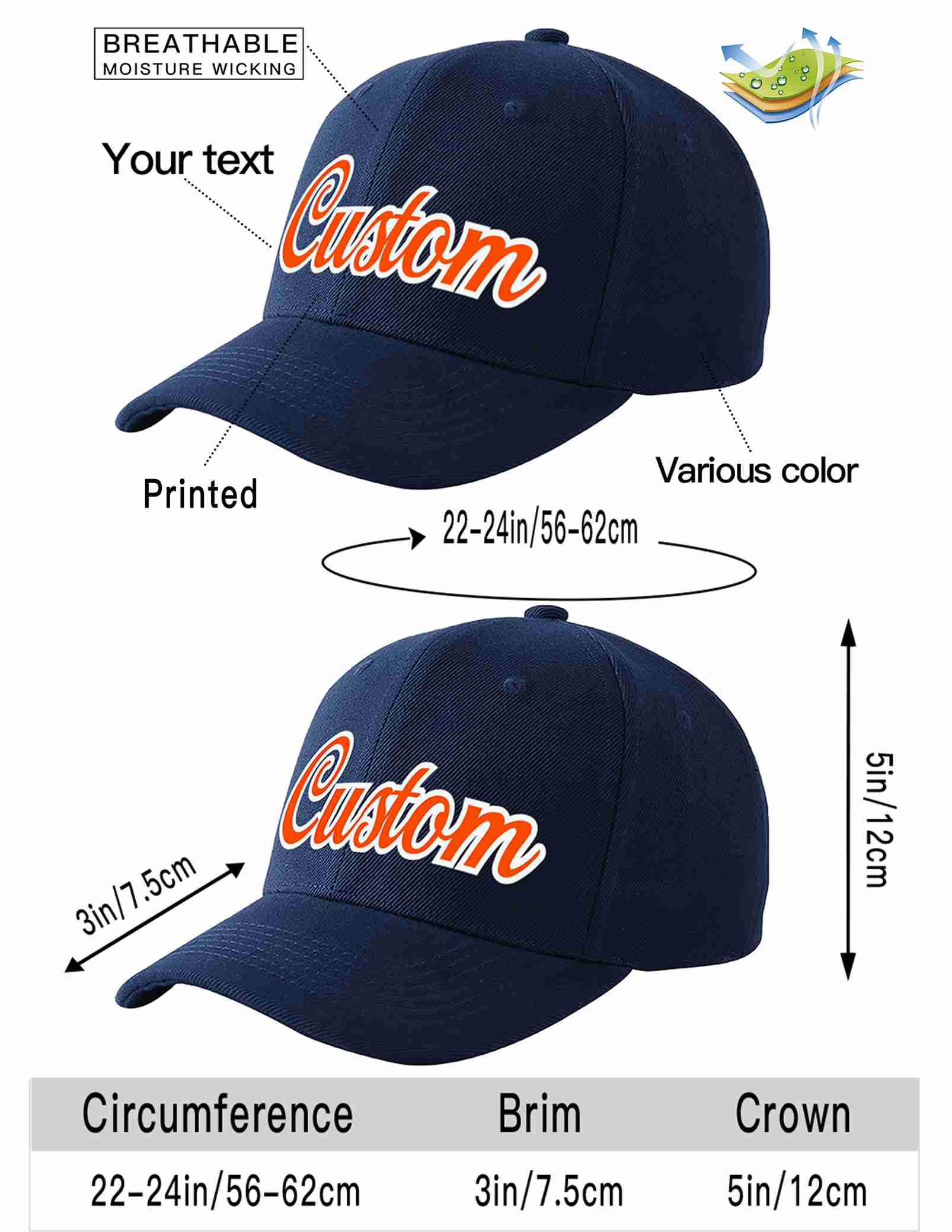 Custom Navy Orange-White Curved Eaves Sport Baseball Cap Design for Men/Women/Youth