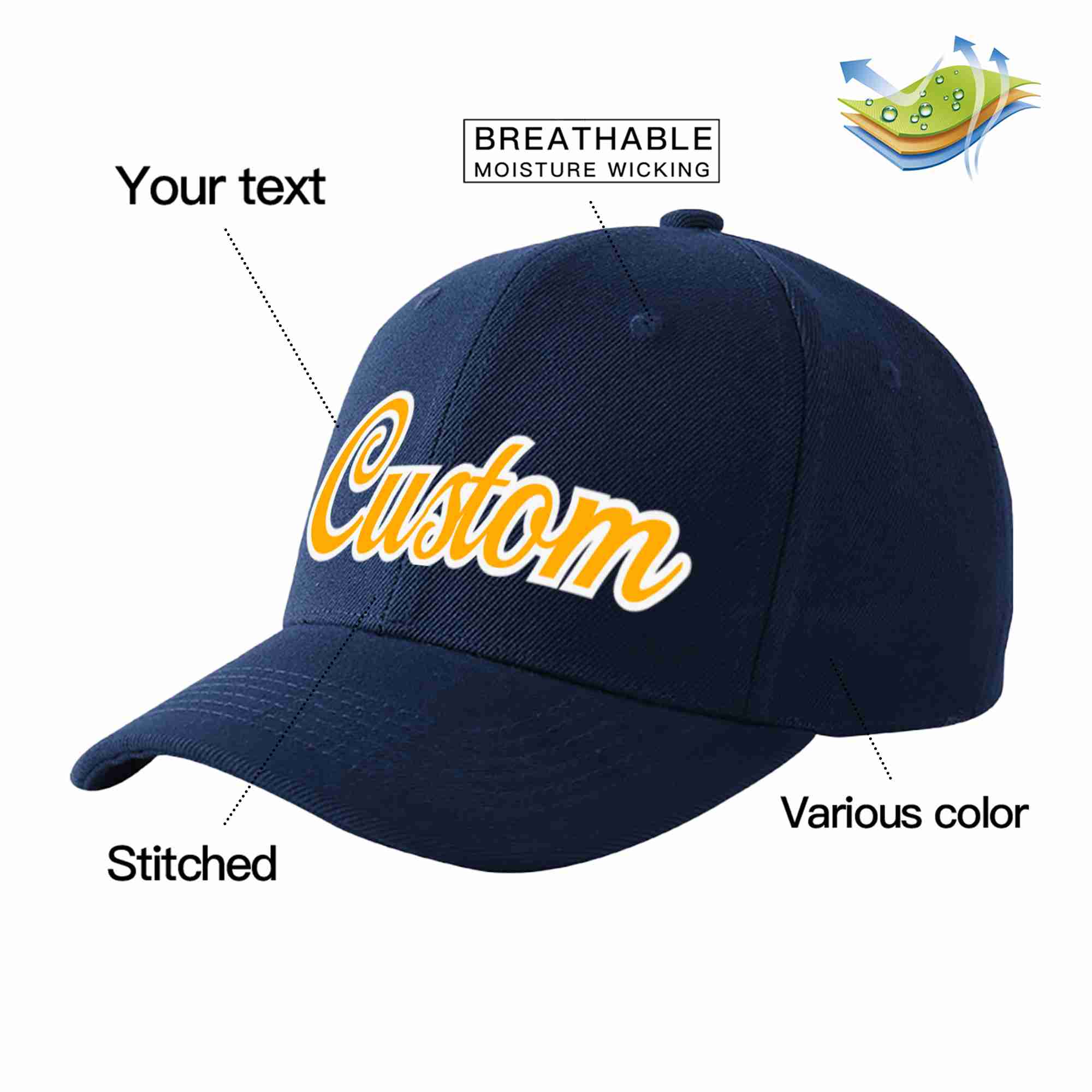 Custom Navy Yellow-White Curved Eaves Sport Baseball Cap Design for Men/Women/Youth