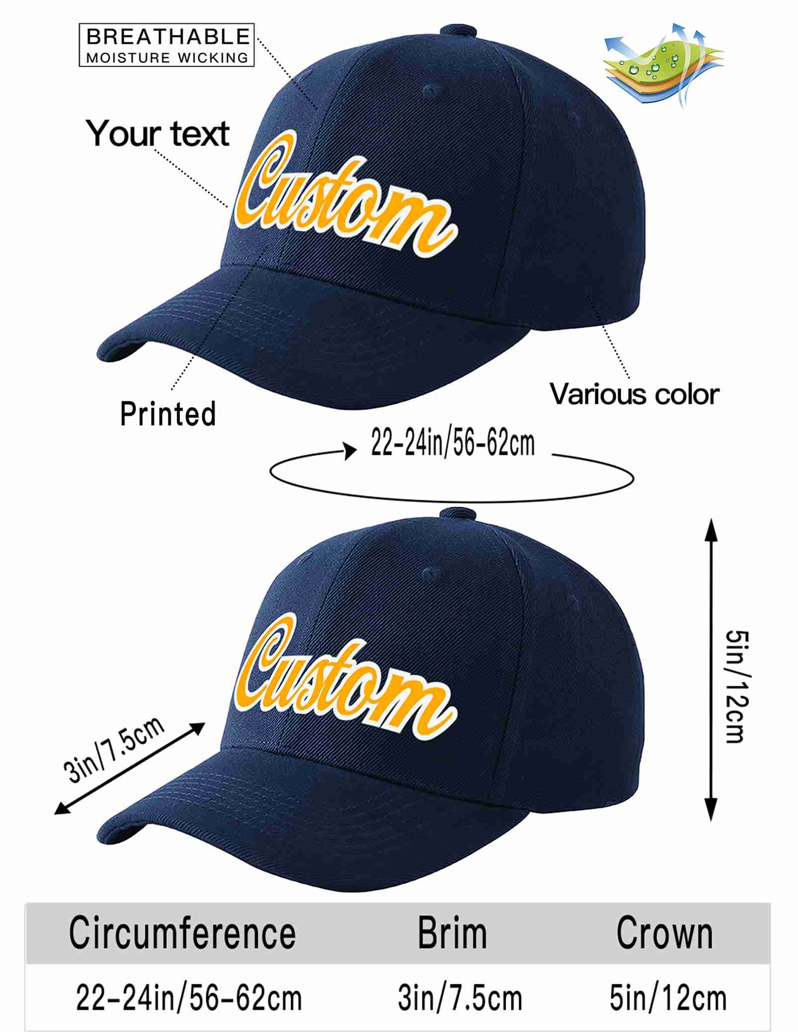 Custom Navy Yellow-White Curved Eaves Sport Baseball Cap Design for Men/Women/Youth