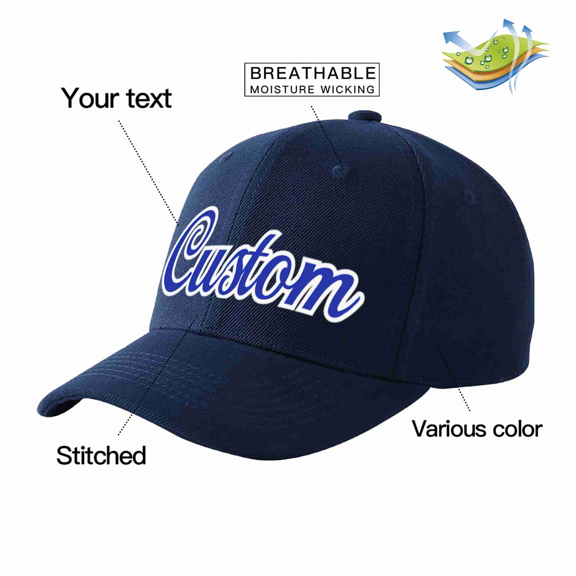 Custom Navy Royal-White Curved Eaves Sport Baseball Cap Design for Men/Women/Youth